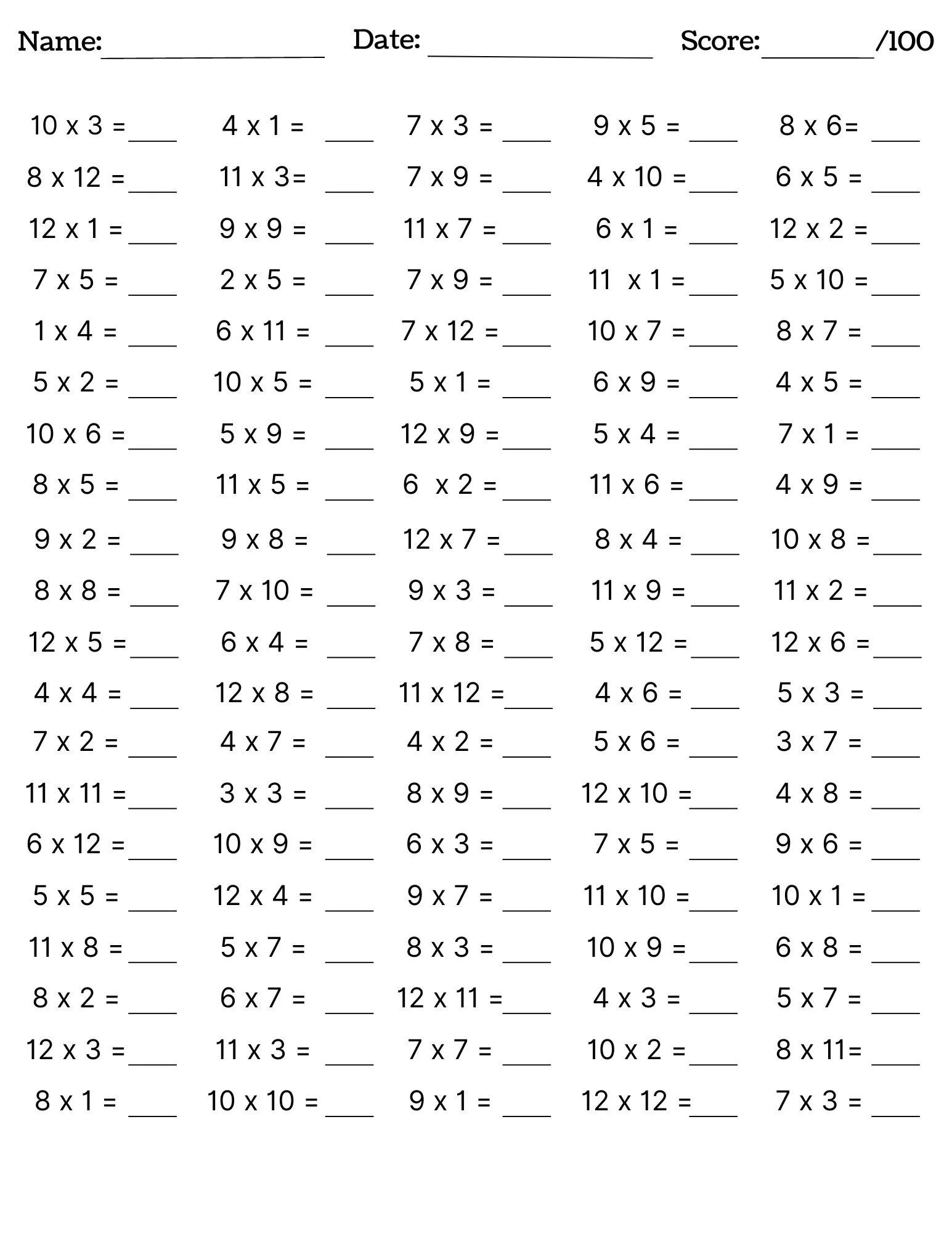 Printable Times Tables Worksheets 1-12 Printable Times Tables Worksheets 1-12