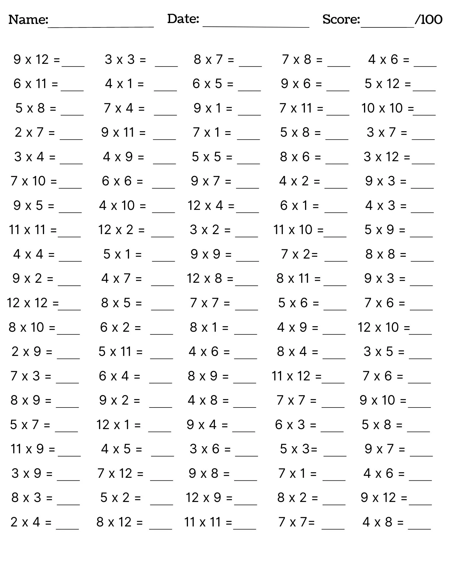 Free Printable Multiplication Worksheets Free Printable Multiplication Worksheets