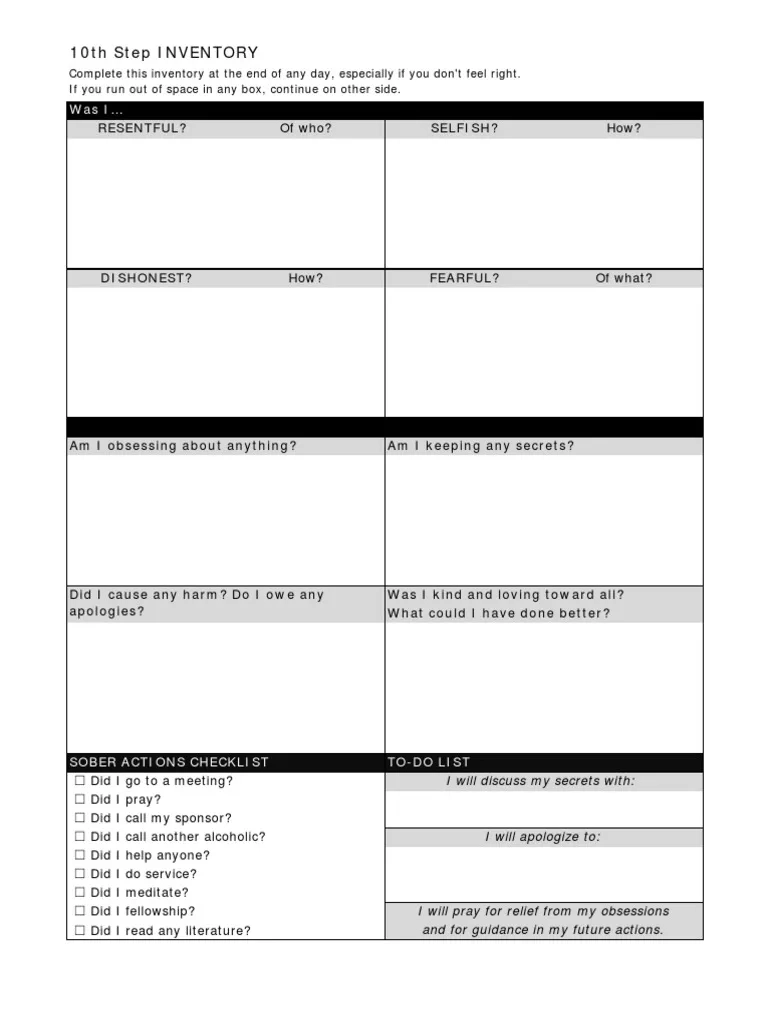Printable 10th Step Nightly Inventory Worksheet Printable 10th Step Nightly Inventory Worksheet