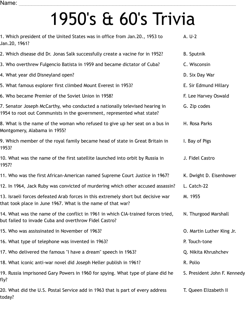 1950 s amp 60 s Trivia Worksheet WordMint 1950 s amp 60 s Trivia Worksheet WordMint