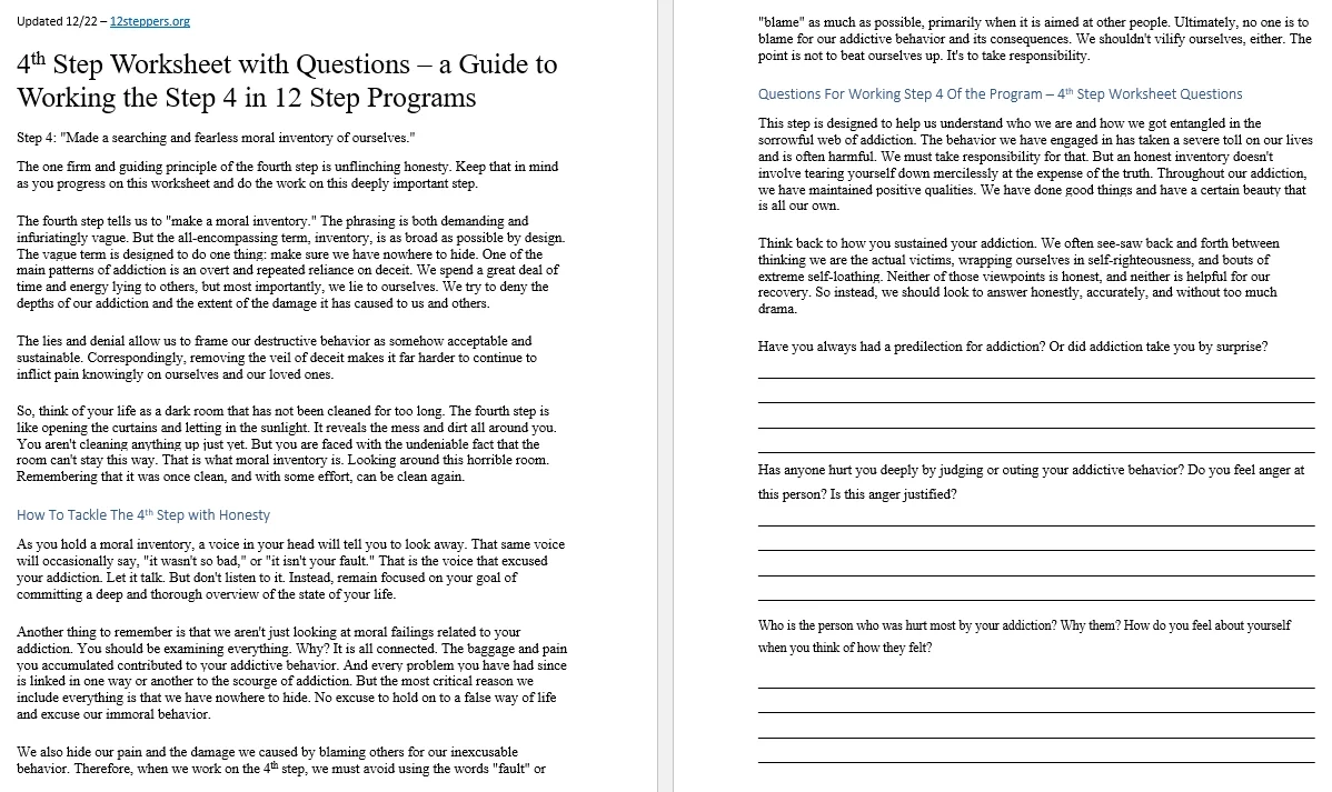 4th Step Worksheet With Questions Free PDF Download amp Print 4th Step Worksheet With Questions Free PDF Download amp Print