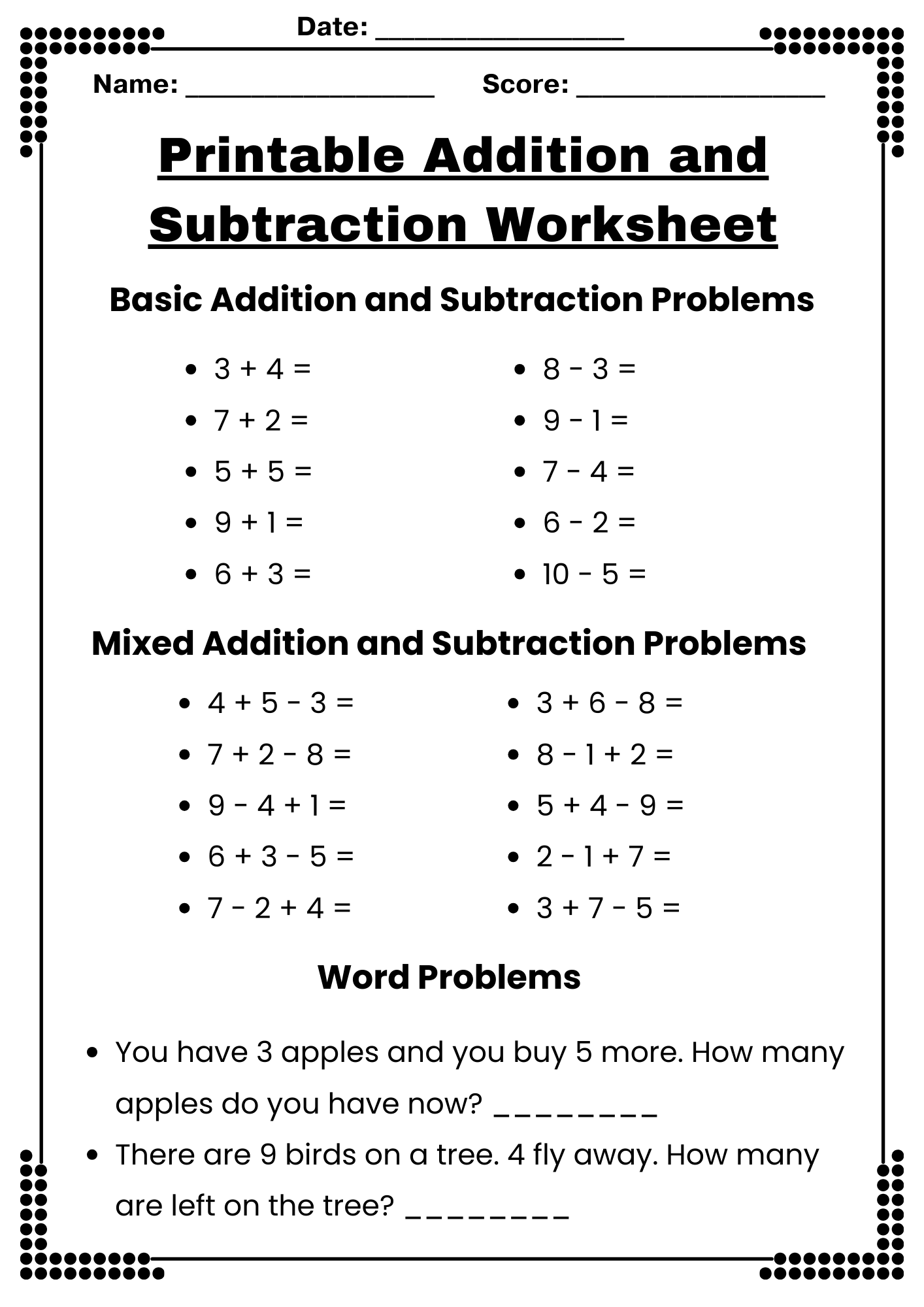 Free Printable Addition And Subtraction Worksheets Free Printable Addition And Subtraction Worksheets