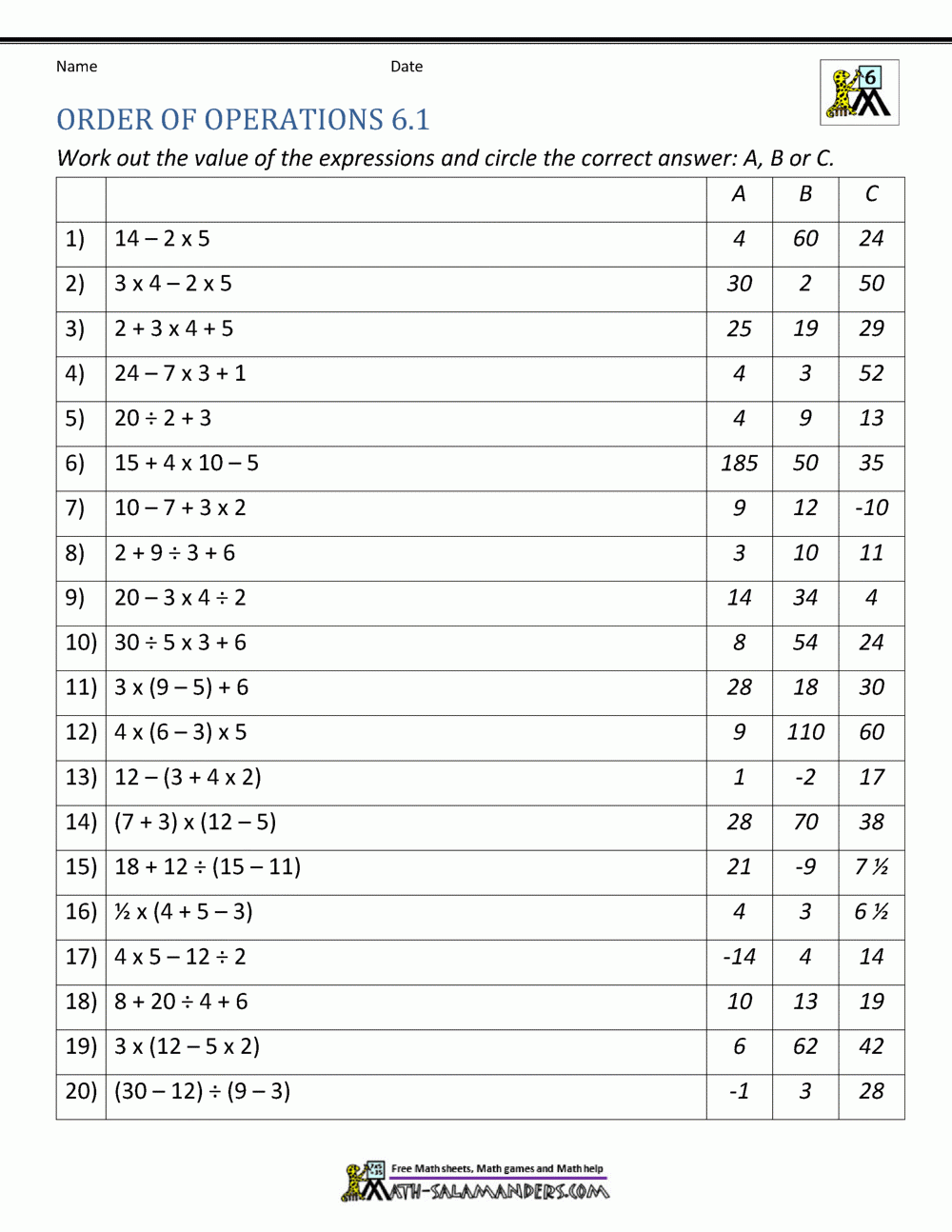 Free Printable Order Of Operations Worksheets Free Printable Order Of Operations Worksheets
