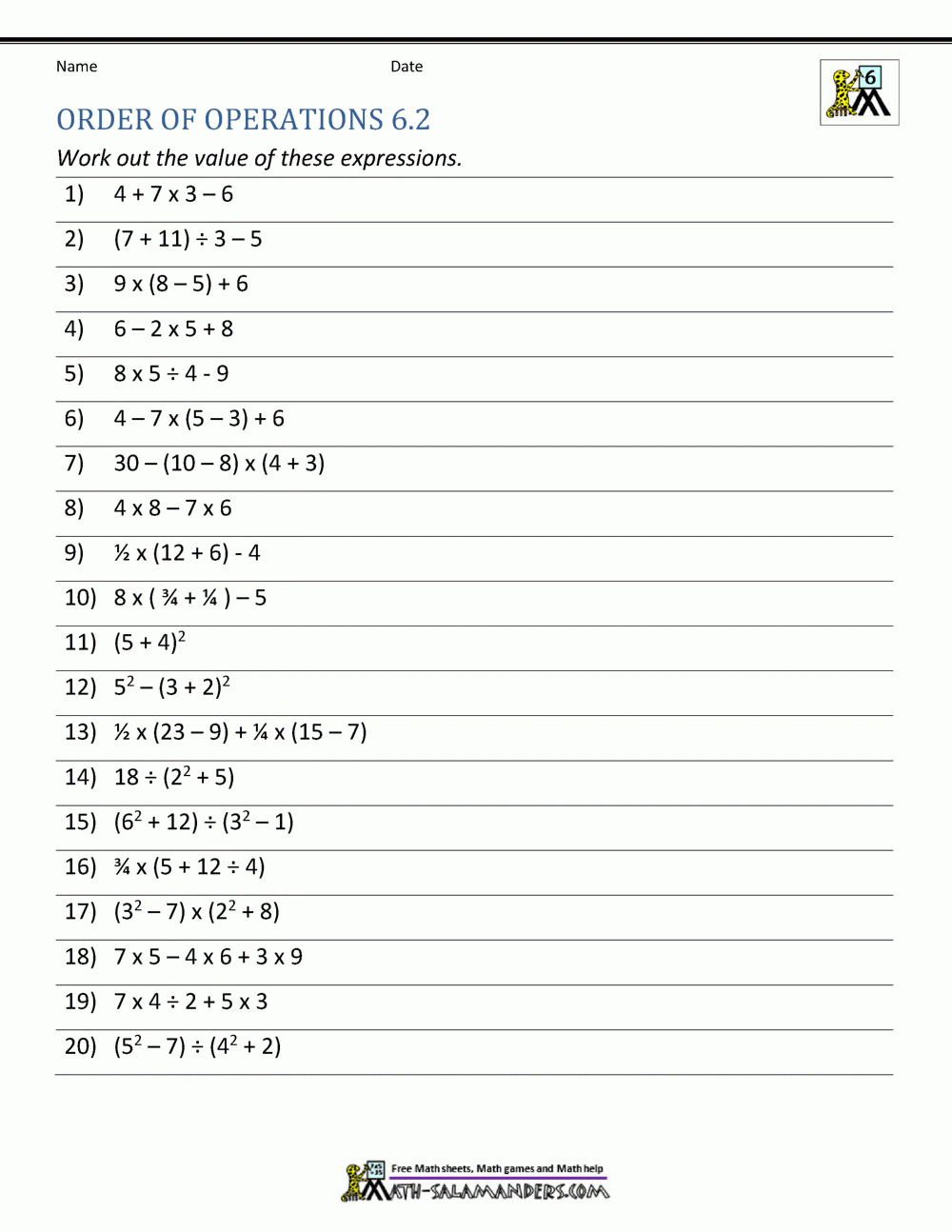 6th Grade Order Of Operations Worksheets 6th Grade Order Of Operations Worksheets