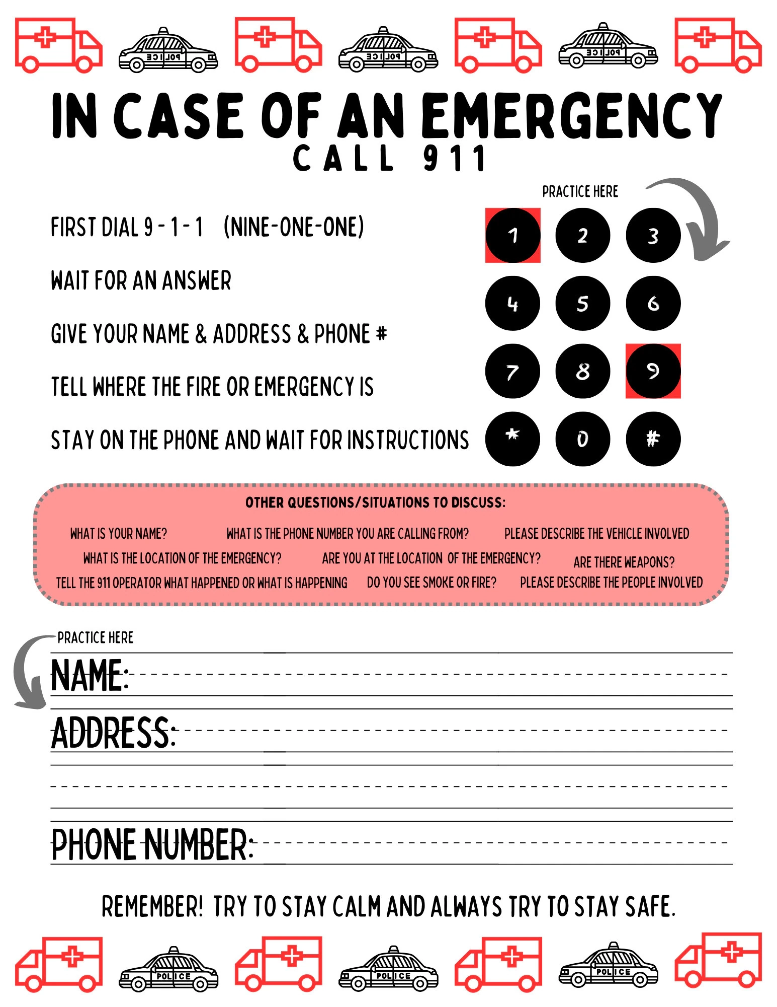 911 Printable Worksheets 911 Printable Worksheets
