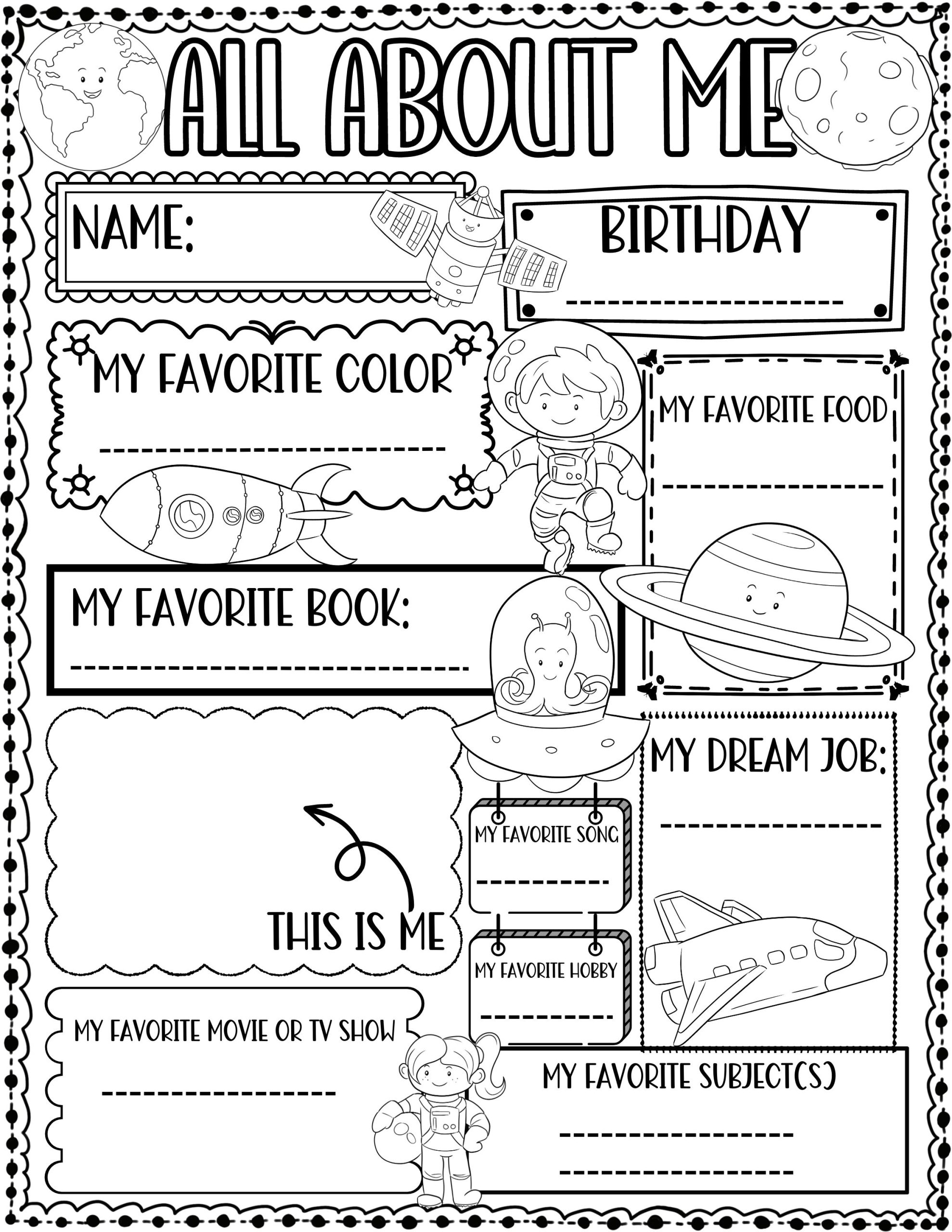 All About Me Worksheet Space Theme First Day Of School Activity All About Me Worksheet Space Theme First Day Of School Activity