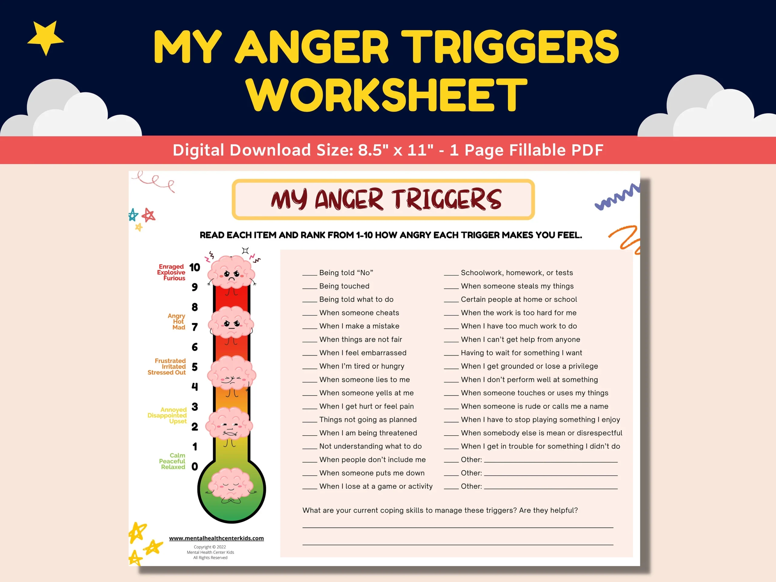 Anger Triggers Fillable Worksheet Kids Children With Anger Anger Triggers Fillable Worksheet Kids Children With Anger