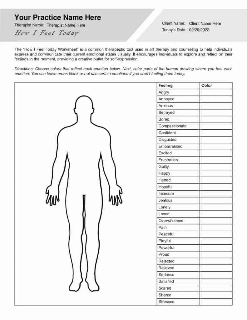 Art Therapy How I Feel Today Worksheet Editable Fillable 