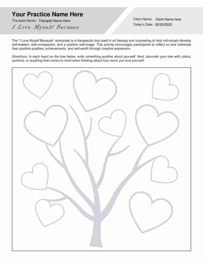 Art Therapy I Love Myself Because Worksheet Editable Fillable Art Therapy I Love Myself Because Worksheet Editable Fillable