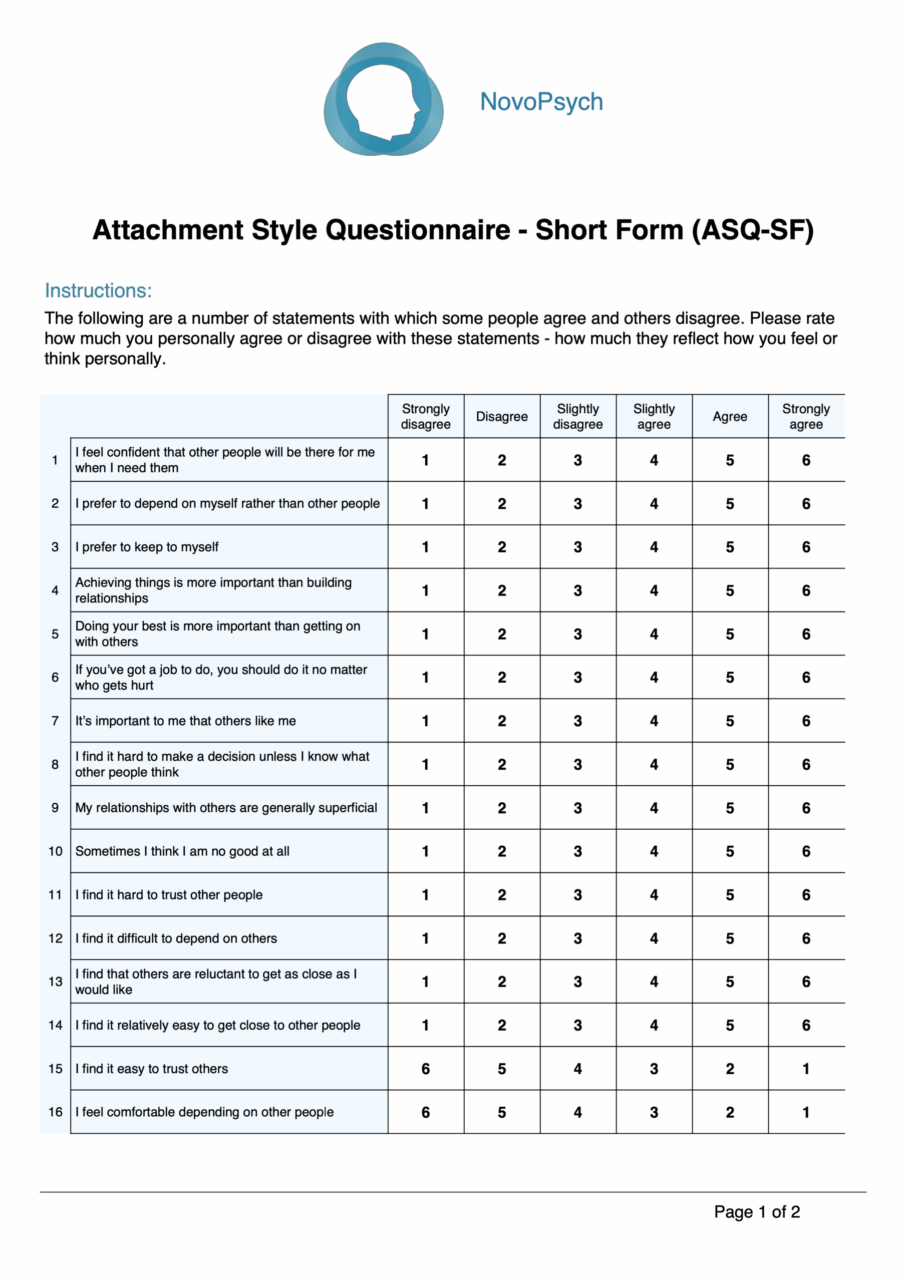 ASQ SF Attachment Style Questionnaire Short Form ASQ SF Attachment Style Questionnaire Short Form