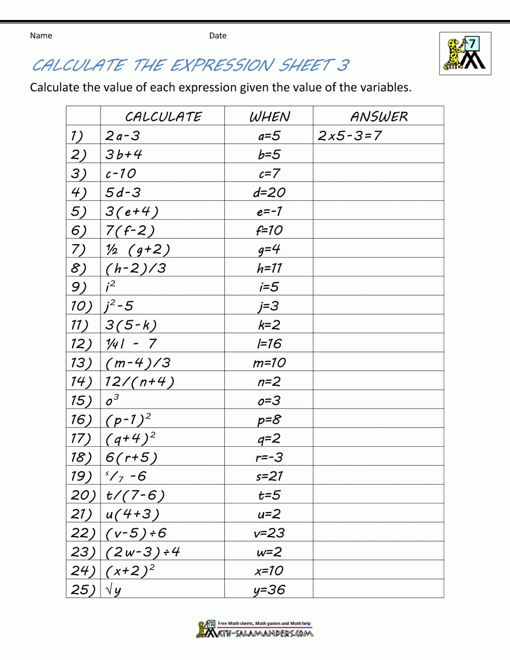 Basic Algebra Worksheets Basic Algebra Worksheets