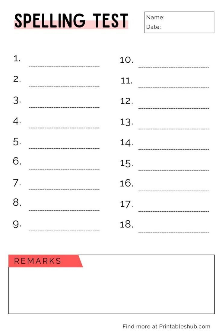 Blank Spelling Test Templates 18 Words PDF Blank Spelling Test Templates 18 Words PDF