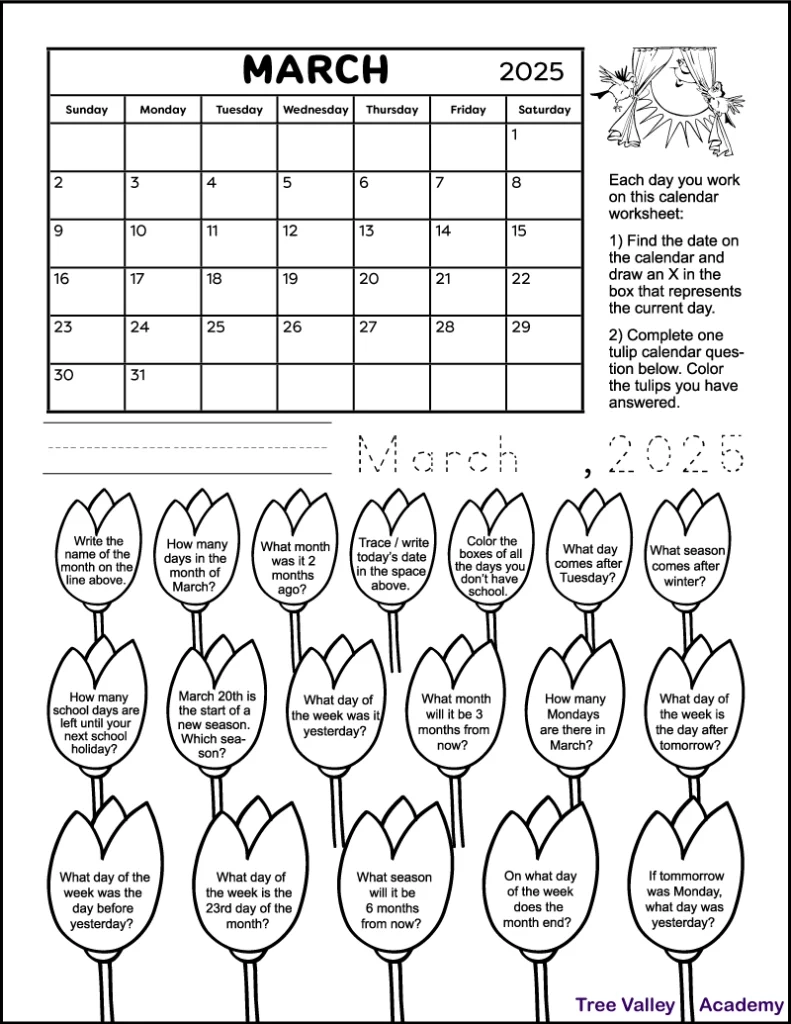 Calendar Worksheet For March 2025 Tree Valley Academy Calendar Worksheet For March 2025 Tree Valley Academy