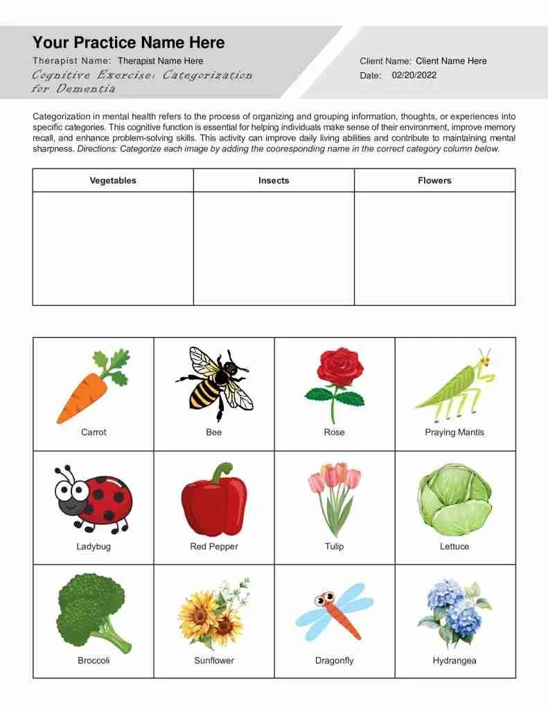 Categorization Exercise For Dementia Worksheet Editable Fillable Categorization Exercise For Dementia Worksheet Editable Fillable