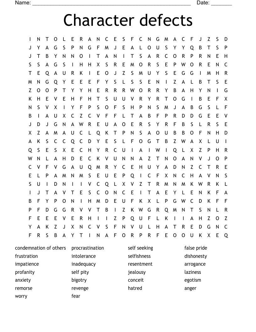 Printable Character Defects Worksheet Printable Character Defects Worksheet