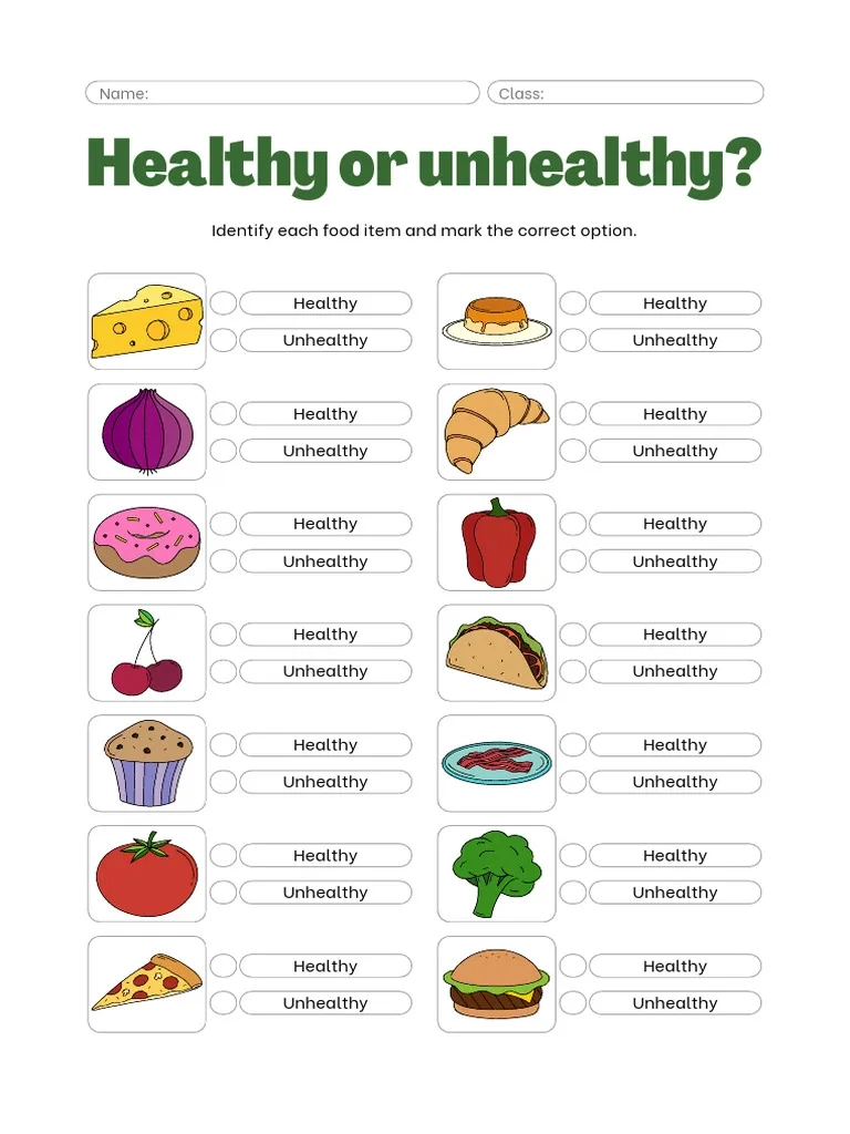 Colorful Illustrative Healthy And Unhealthy Food Worksheet PDF Colorful Illustrative Healthy And Unhealthy Food Worksheet PDF