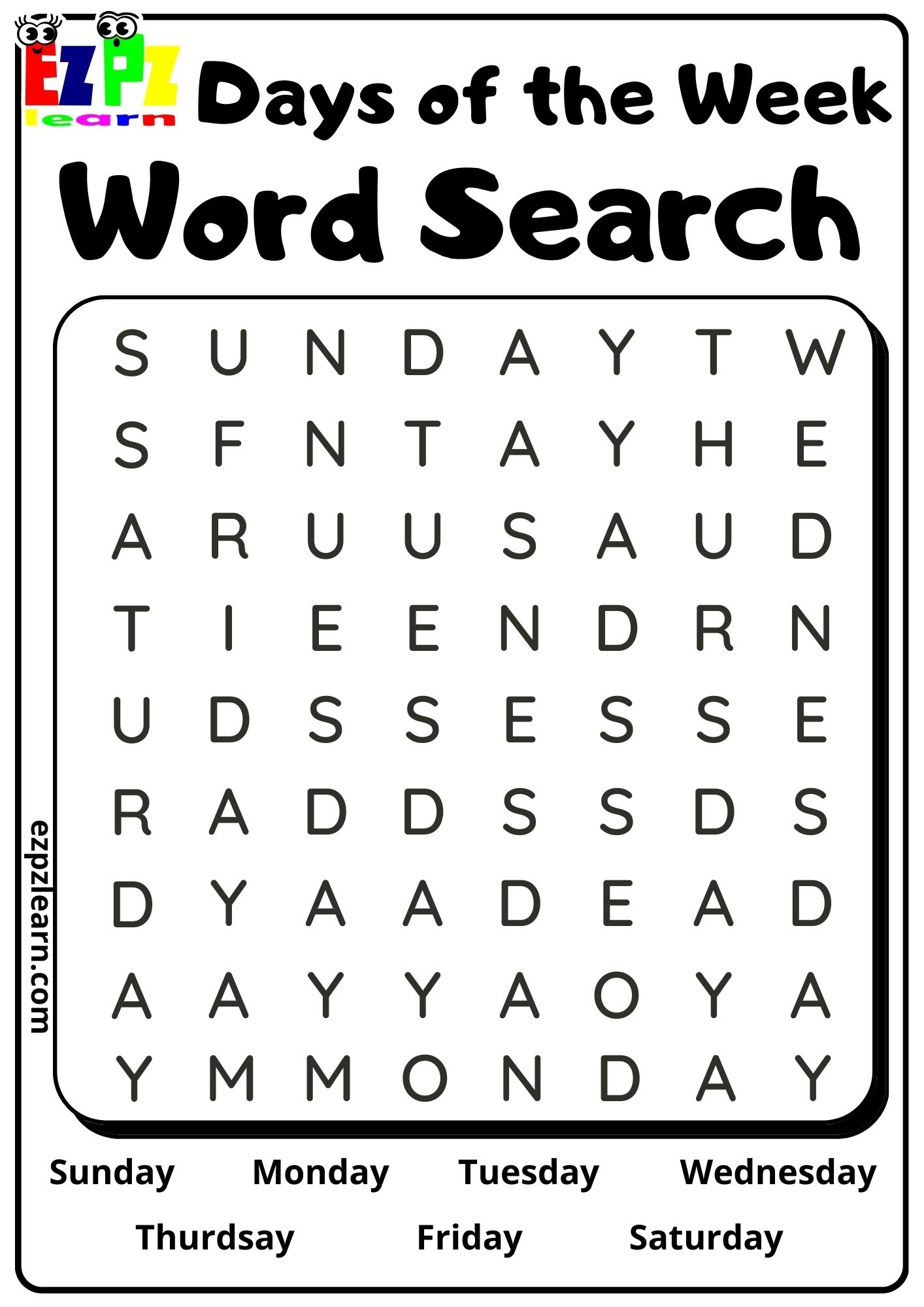 Days Of The Week Ezpzlearn Days Of The Week Ezpzlearn