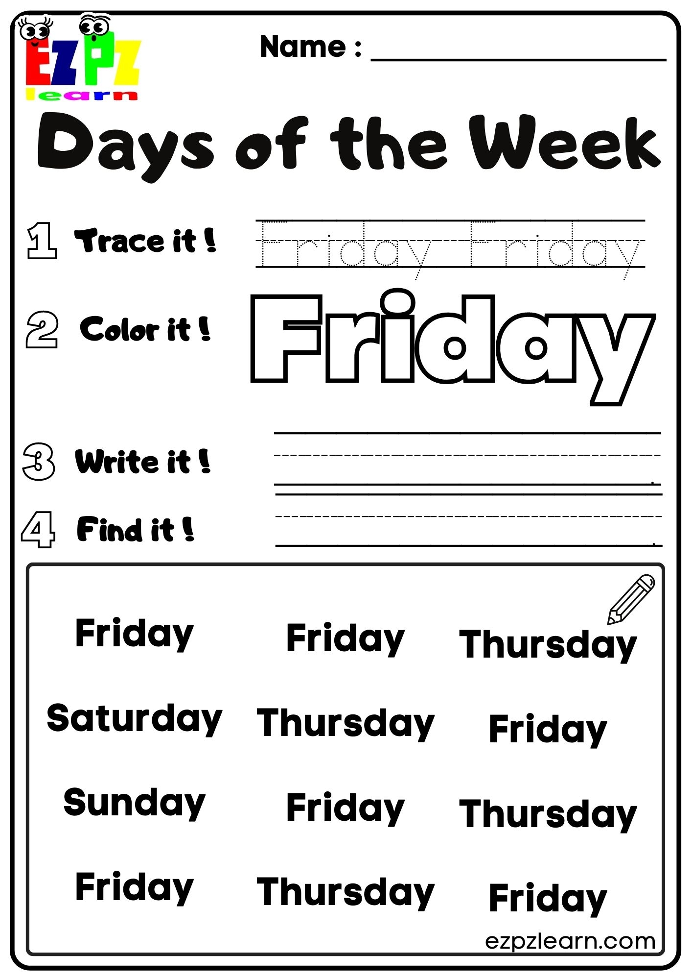 Days Of The Week Ezpzlearn Days Of The Week Ezpzlearn