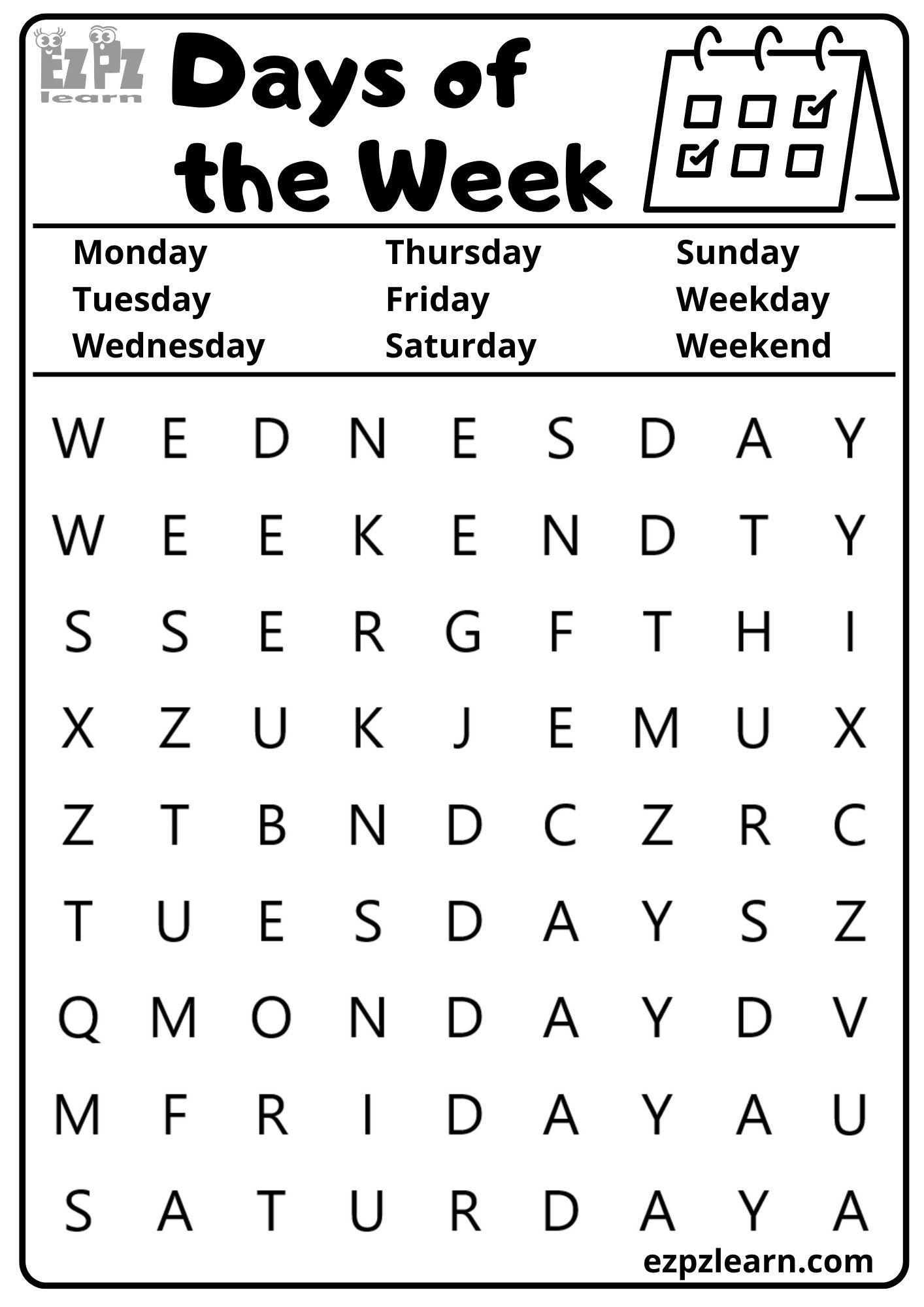 Days Of The Week Ezpzlearn Days Of The Week Ezpzlearn