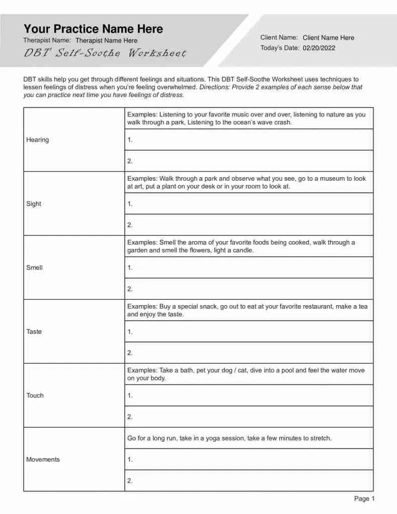 DBT Self Soothe Worksheet Editable Fillable Printable PDF DBT Self Soothe Worksheet Editable Fillable Printable PDF