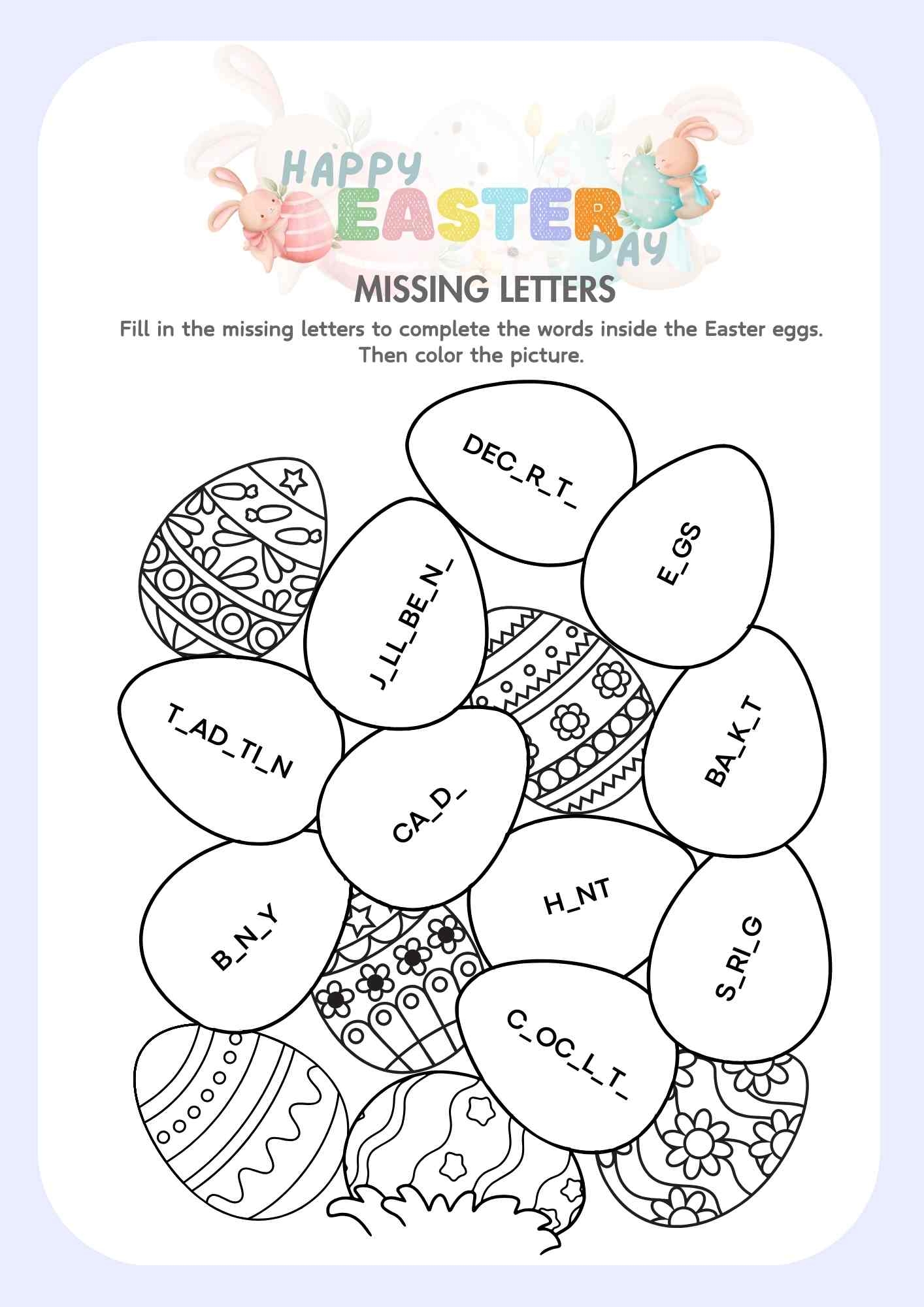 Easter Day Fill In The Missing Letters And Color Easter Eggs Free Easter Day Fill In The Missing Letters And Color Easter Eggs Free