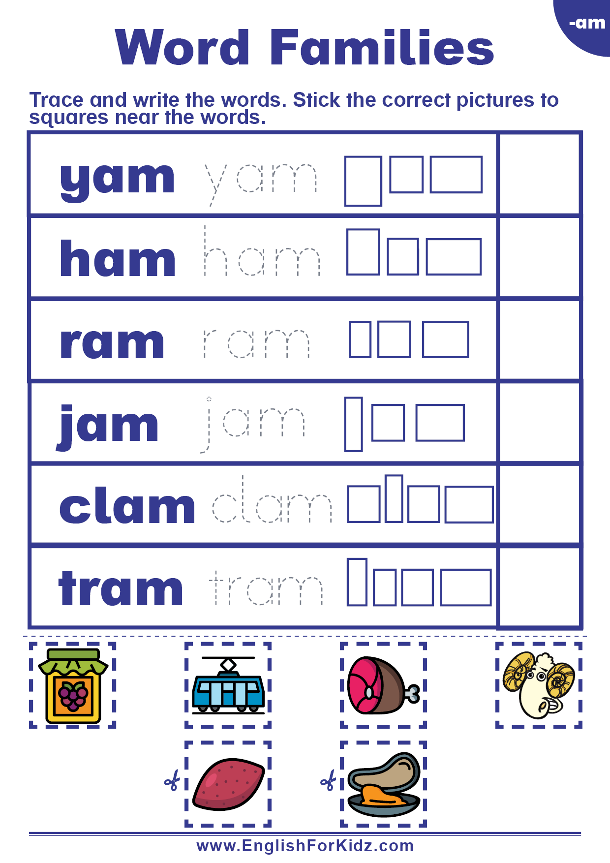 English For Kids Step By Step Word Families Worksheets Am Words English For Kids Step By Step Word Families Worksheets Am Words