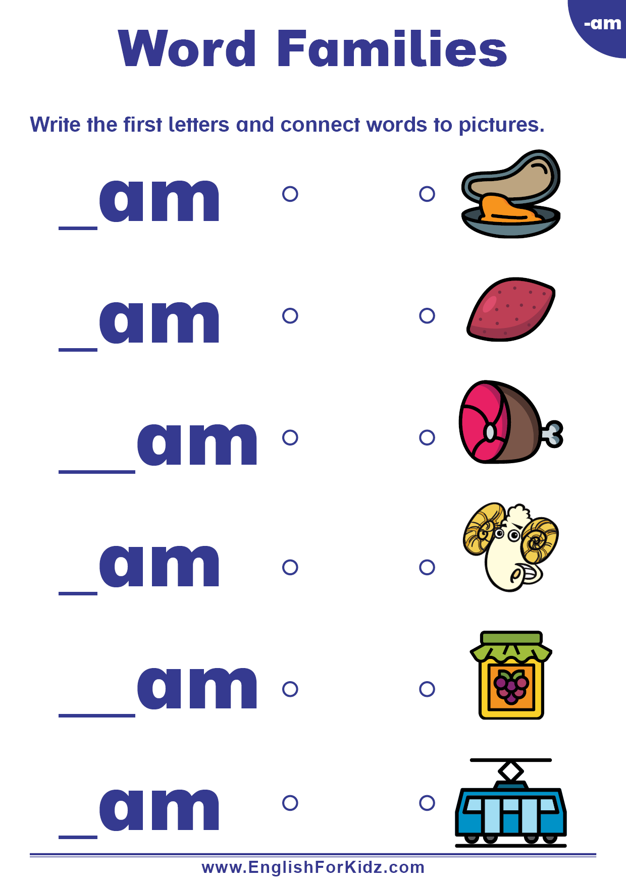 English For Kids Step By Step Word Families Worksheets Am Words English For Kids Step By Step Word Families Worksheets Am Words