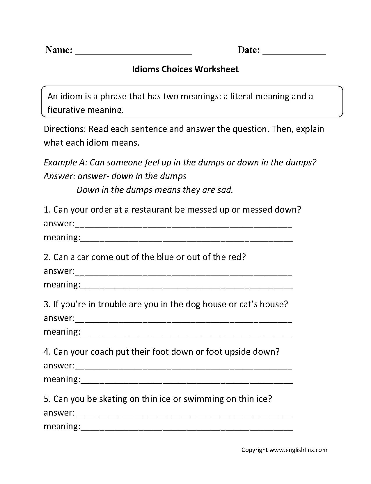 Englishlinx Idioms Worksheets Englishlinx Idioms Worksheets