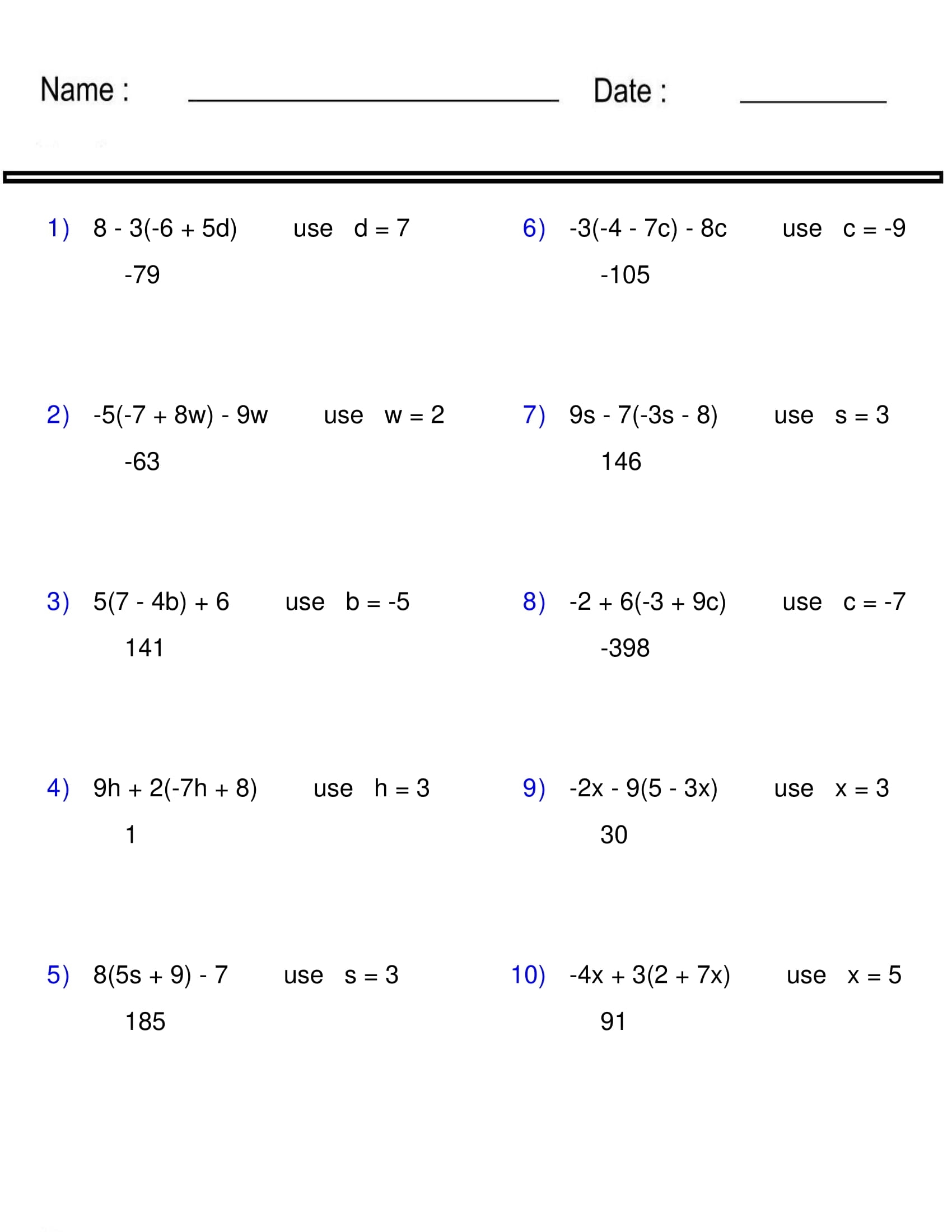 Evaluating Algebraic Expressions Worksheet One Variable Pre Evaluating Algebraic Expressions Worksheet One Variable Pre