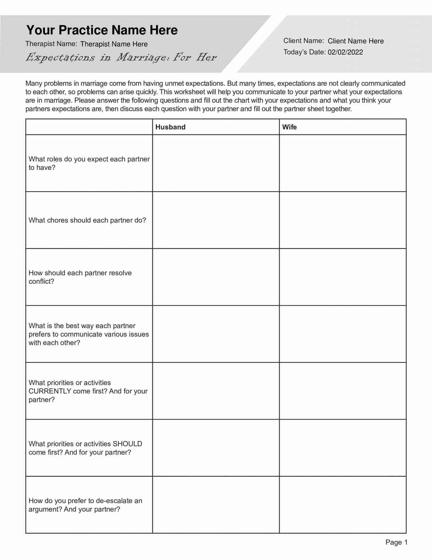 Expectations In Marriage Worksheet PDFs TherapyByPro Expectations In Marriage Worksheet PDFs TherapyByPro