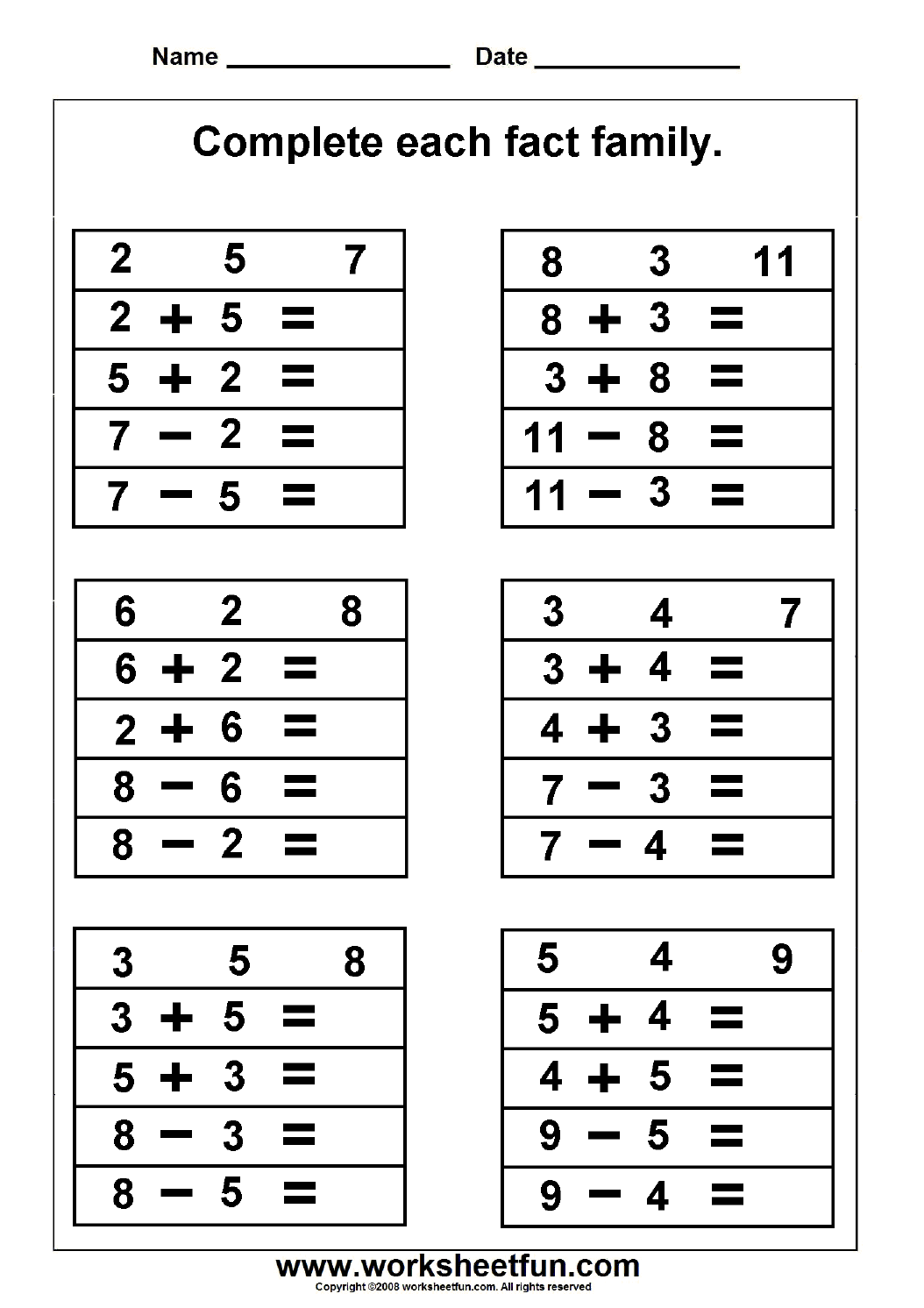 Fact Family Complete Each Fact Family 2 Worksheets FREE Fact Family Complete Each Fact Family 2 Worksheets FREE