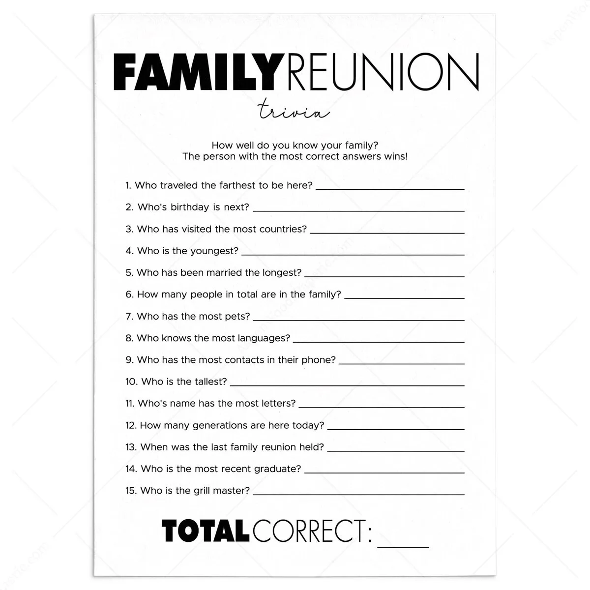 Family Reunion Trivia Quiz Modern Themed Printable Family Reunion Trivia Quiz Modern Themed Printable