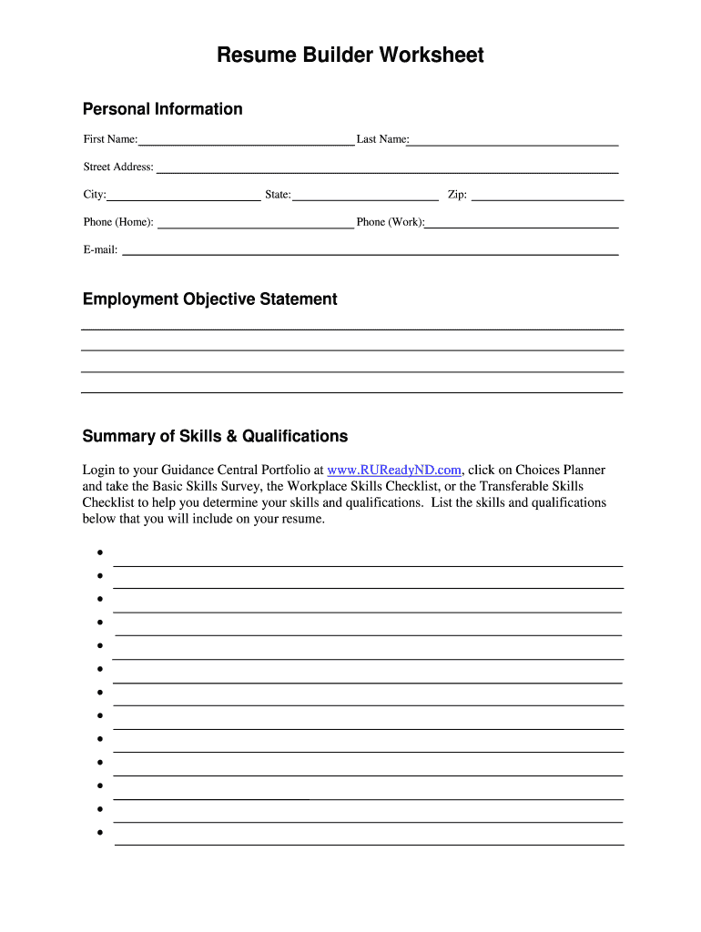 Fillable Online Nd Resume Worksheet Fax Email Print PdfFiller Fillable Online Nd Resume Worksheet Fax Email Print PdfFiller