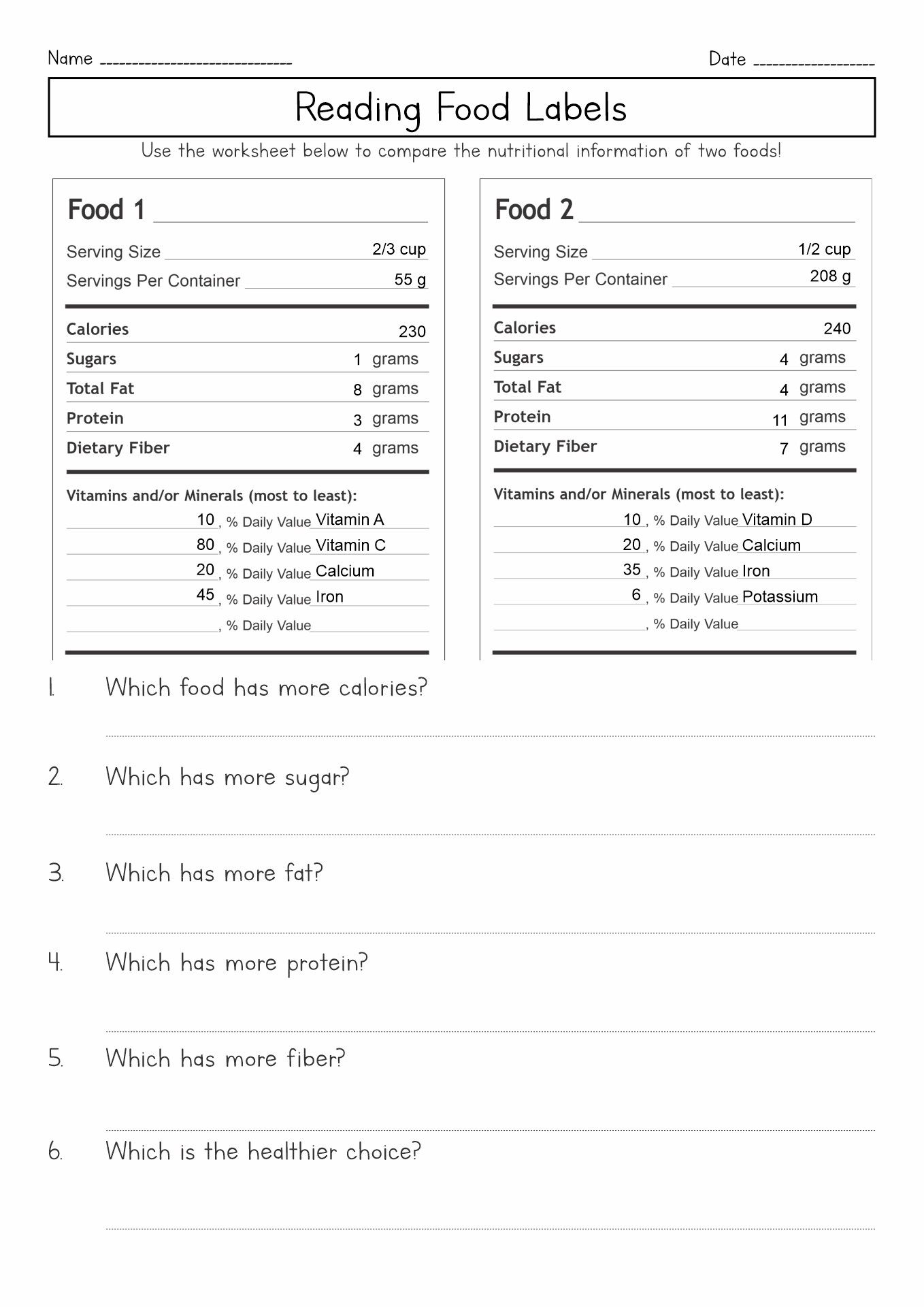Food Label Worksheets Food Label Worksheets