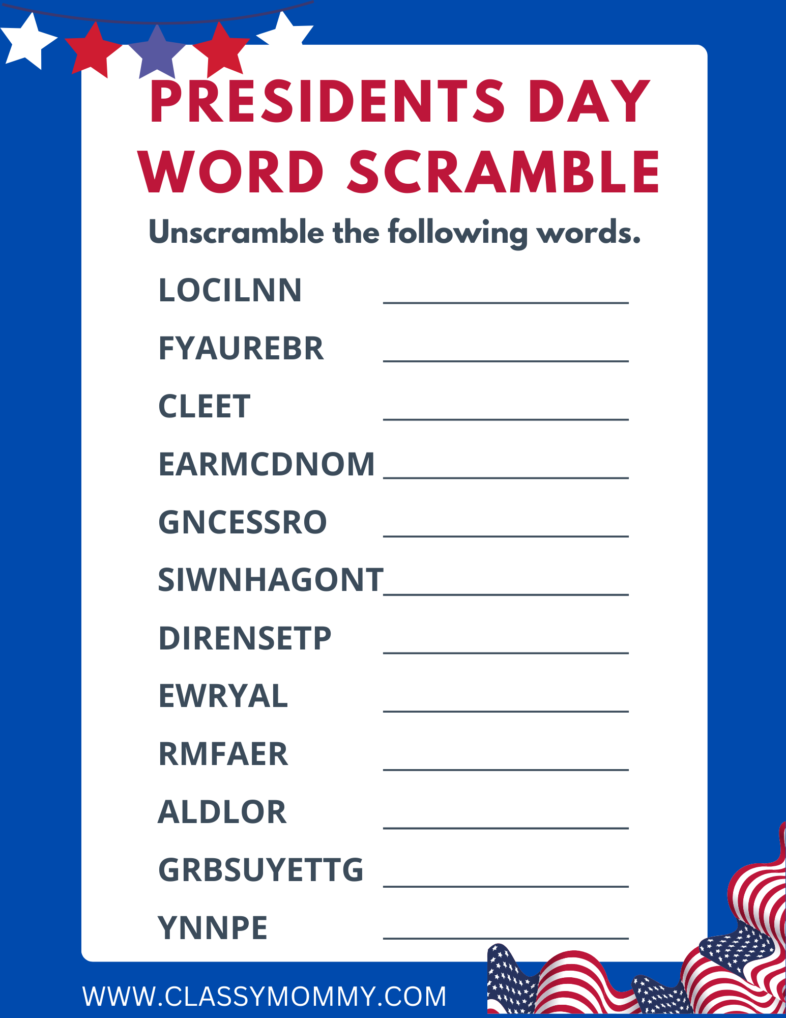 Free Printable Presidents Day Word Scramble Classy Mommy Free Printable Presidents Day Word Scramble Classy Mommy