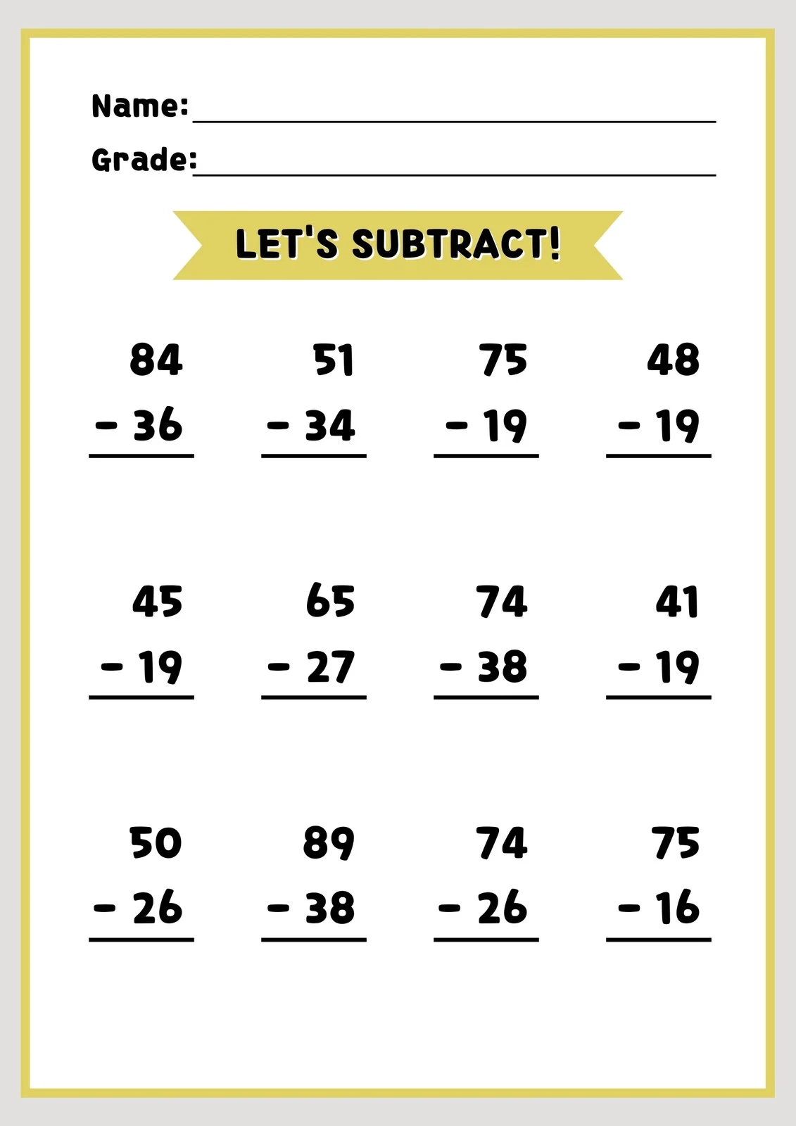 Free Subtraction Worksheet Templates To Edit And Print Canva Free Subtraction Worksheet Templates To Edit And Print Canva