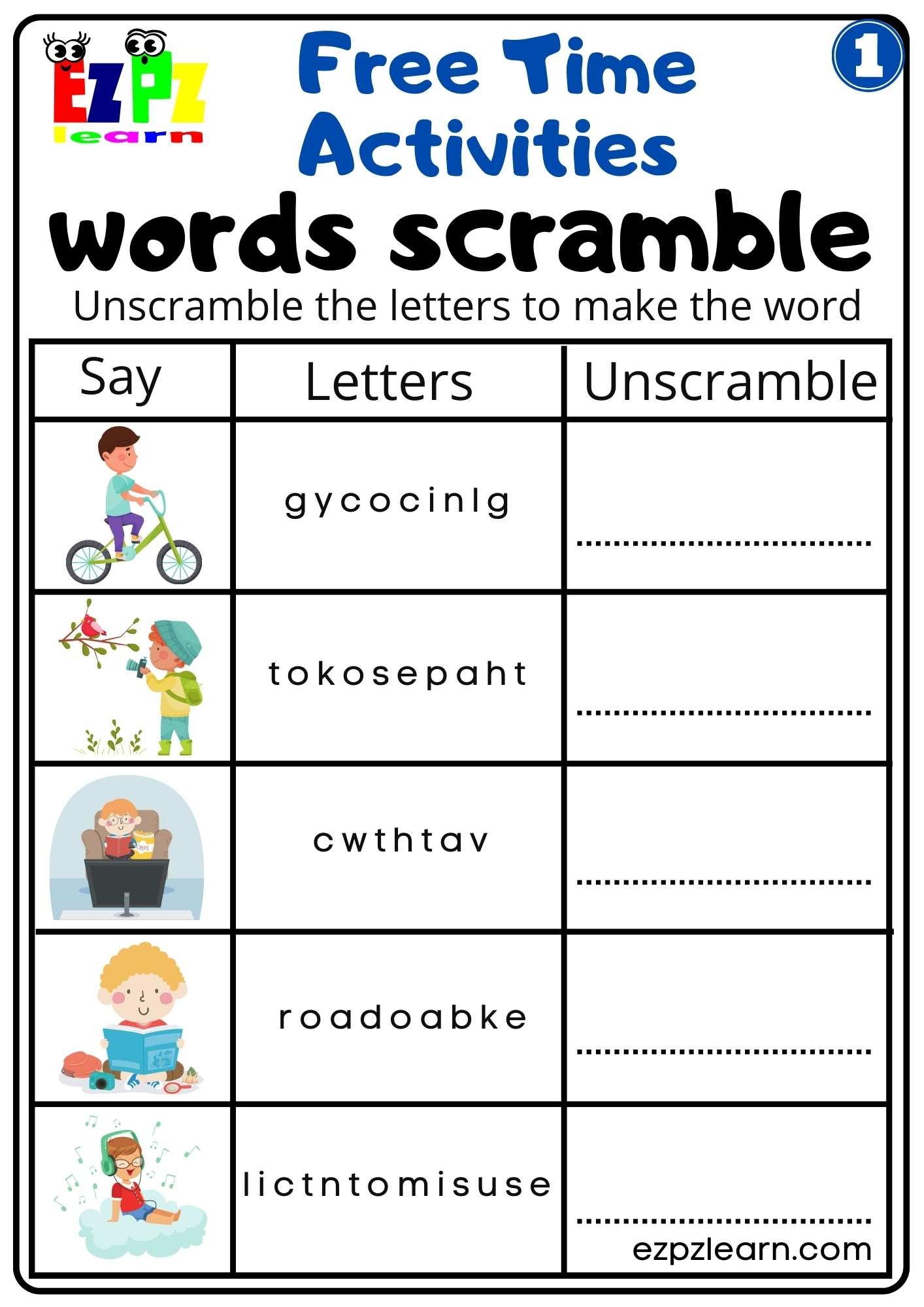 Free Time Activities Easy Word Scramble Worksheet Activity For Free Time Activities Easy Word Scramble Worksheet Activity For