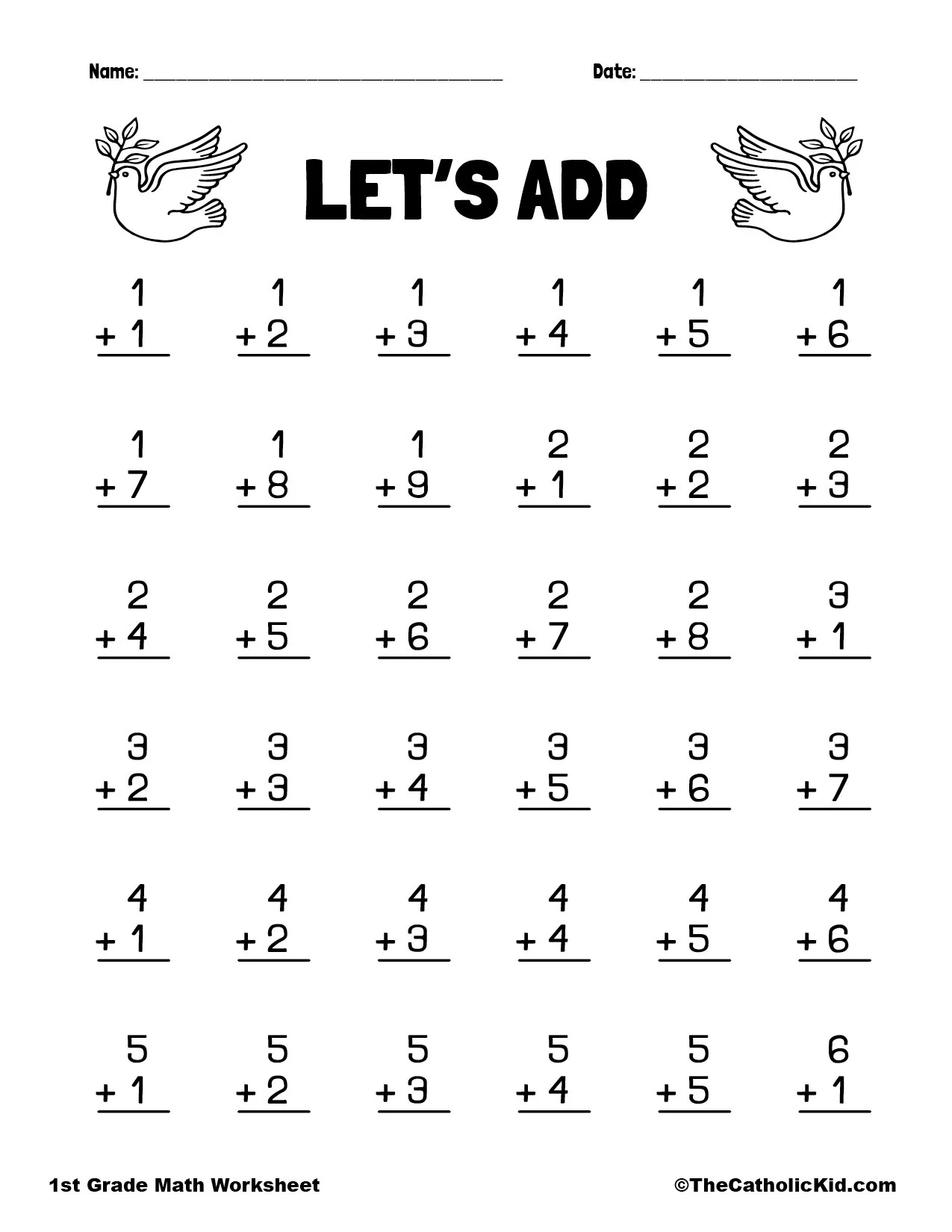 Let s Add 1st Grade Math Worksheet Catholic Dove Themed Let s Add 1st Grade Math Worksheet Catholic Dove Themed