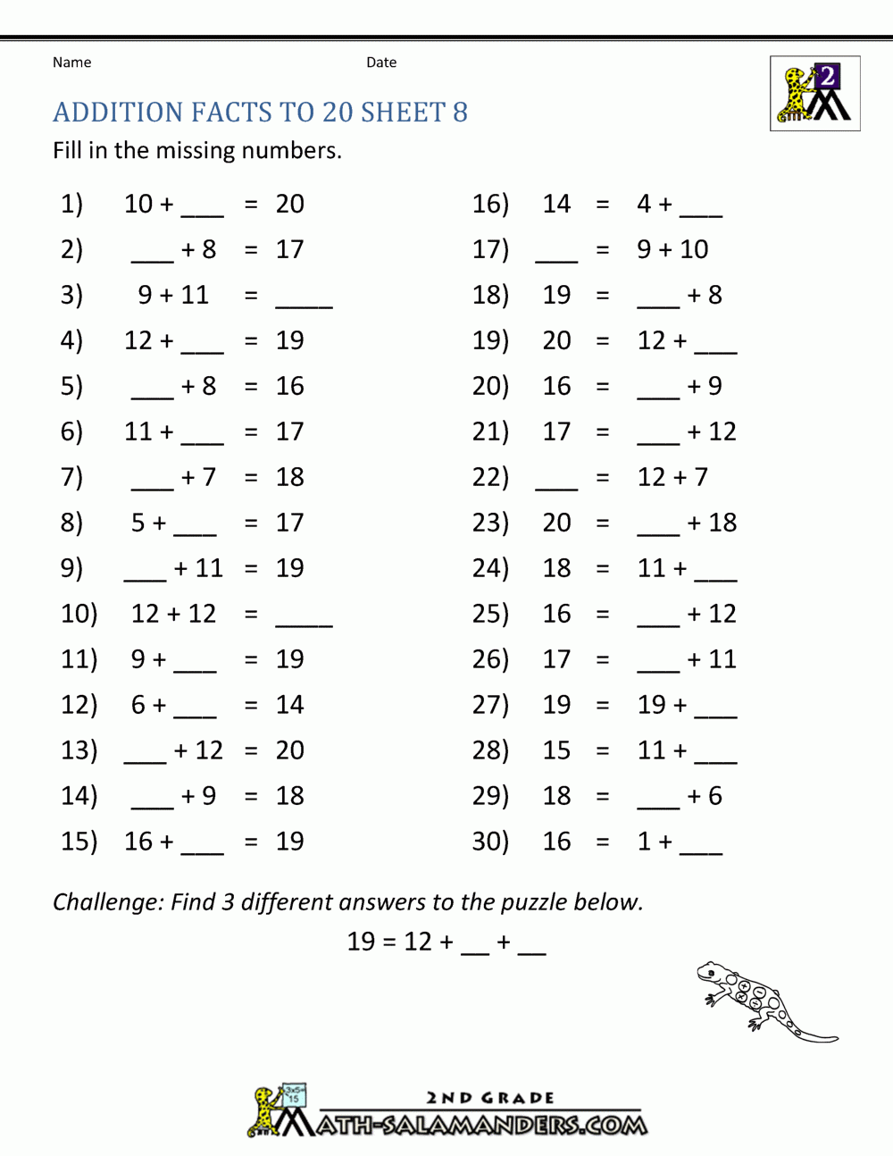 Math Addition Facts To 20 Math Addition Facts To 20