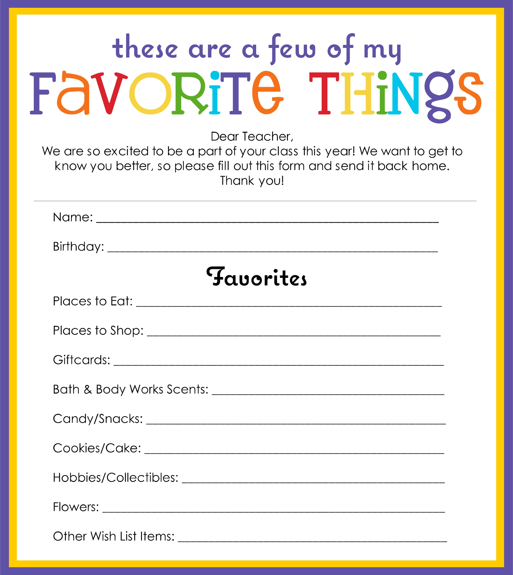 Free Printable My Favorite Things Worksheet Free Printable My Favorite Things Worksheet