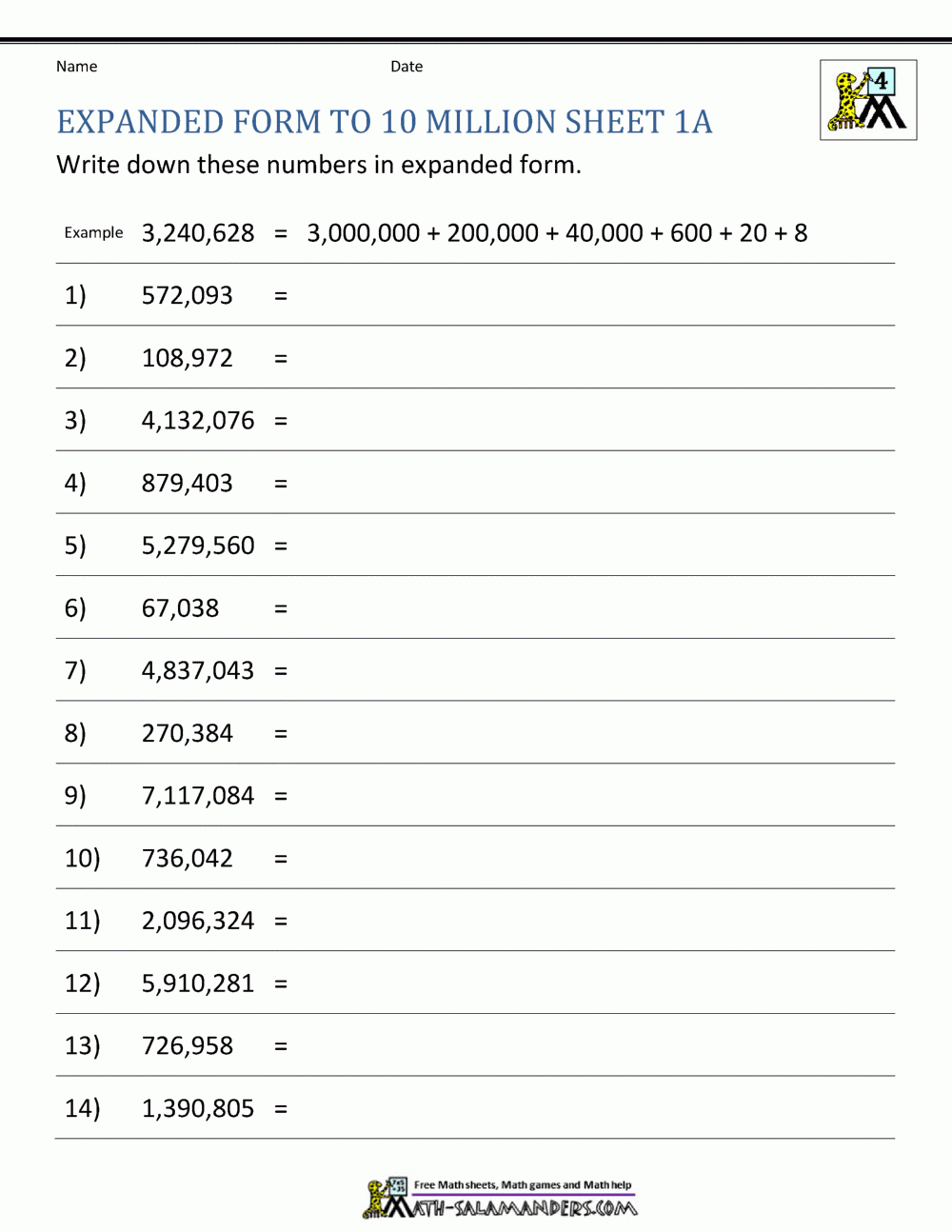 Place Value Worksheet Up To 10 Million Place Value Worksheet Up To 10 Million