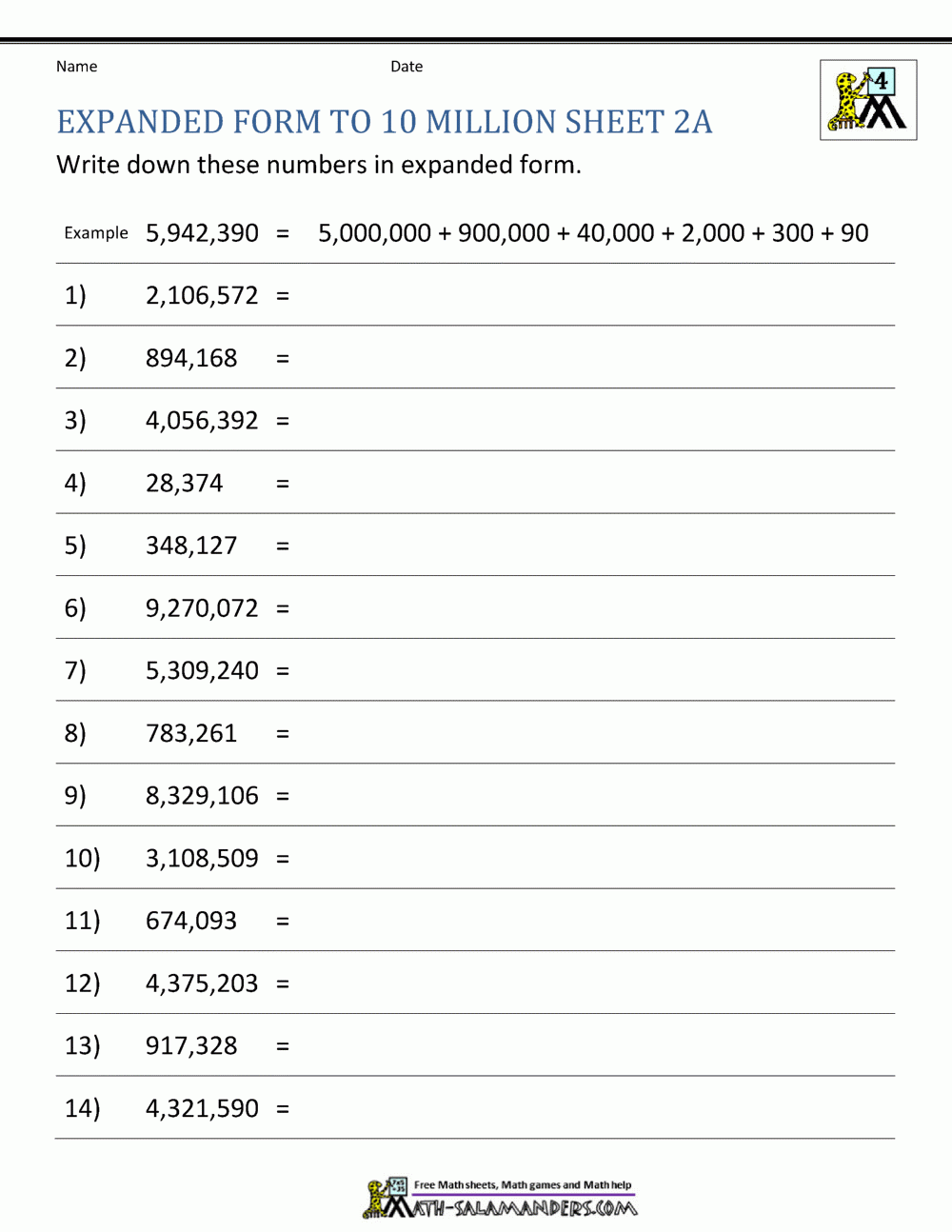 Place Value Worksheet Up To 10 Million Place Value Worksheet Up To 10 Million