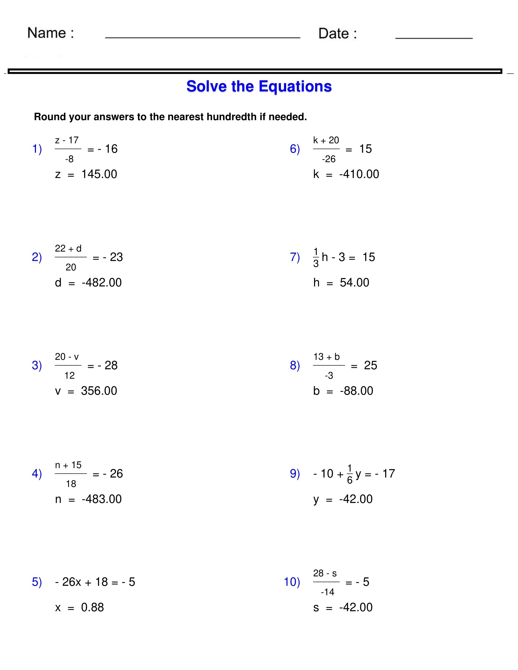 Pre Algebra Equations Two Step Equations Containing Integers Pre Algebra Equations Two Step Equations Containing Integers