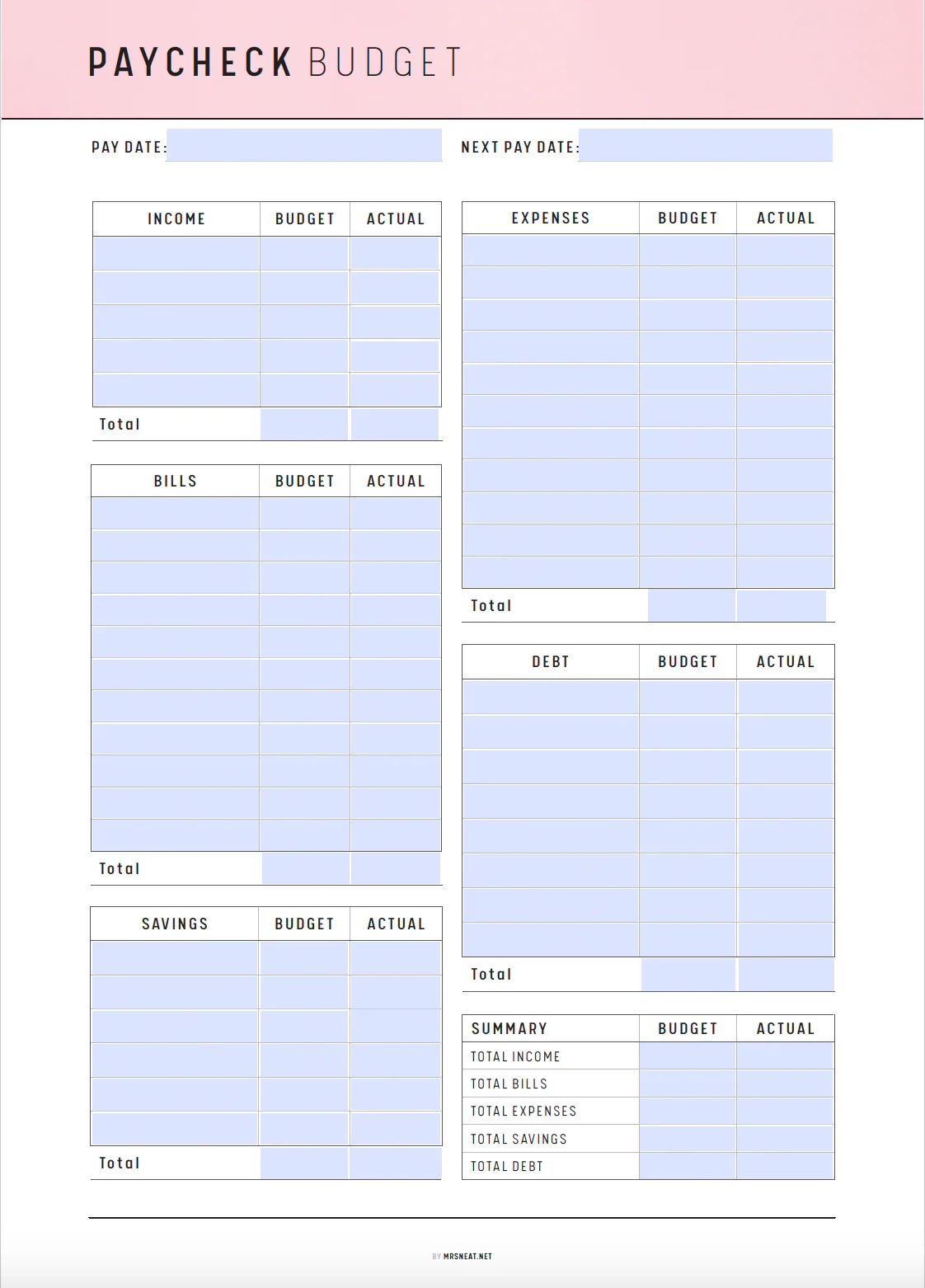 Printable Paycheck Budget Template Vol 02 M304 Mrsneat