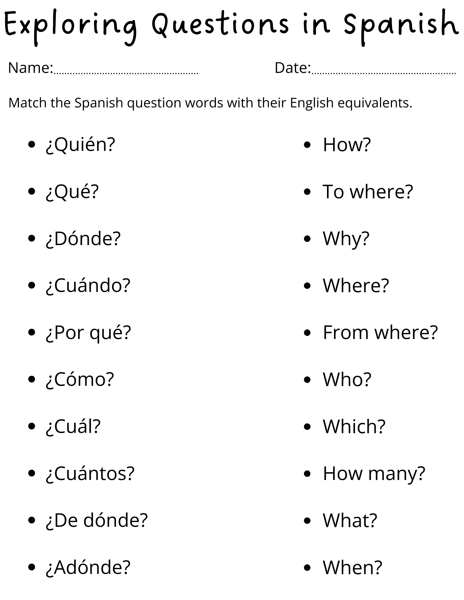 Printable Spanish Question Words Worksheet For Kids Teaching Printable Spanish Question Words Worksheet For Kids Teaching