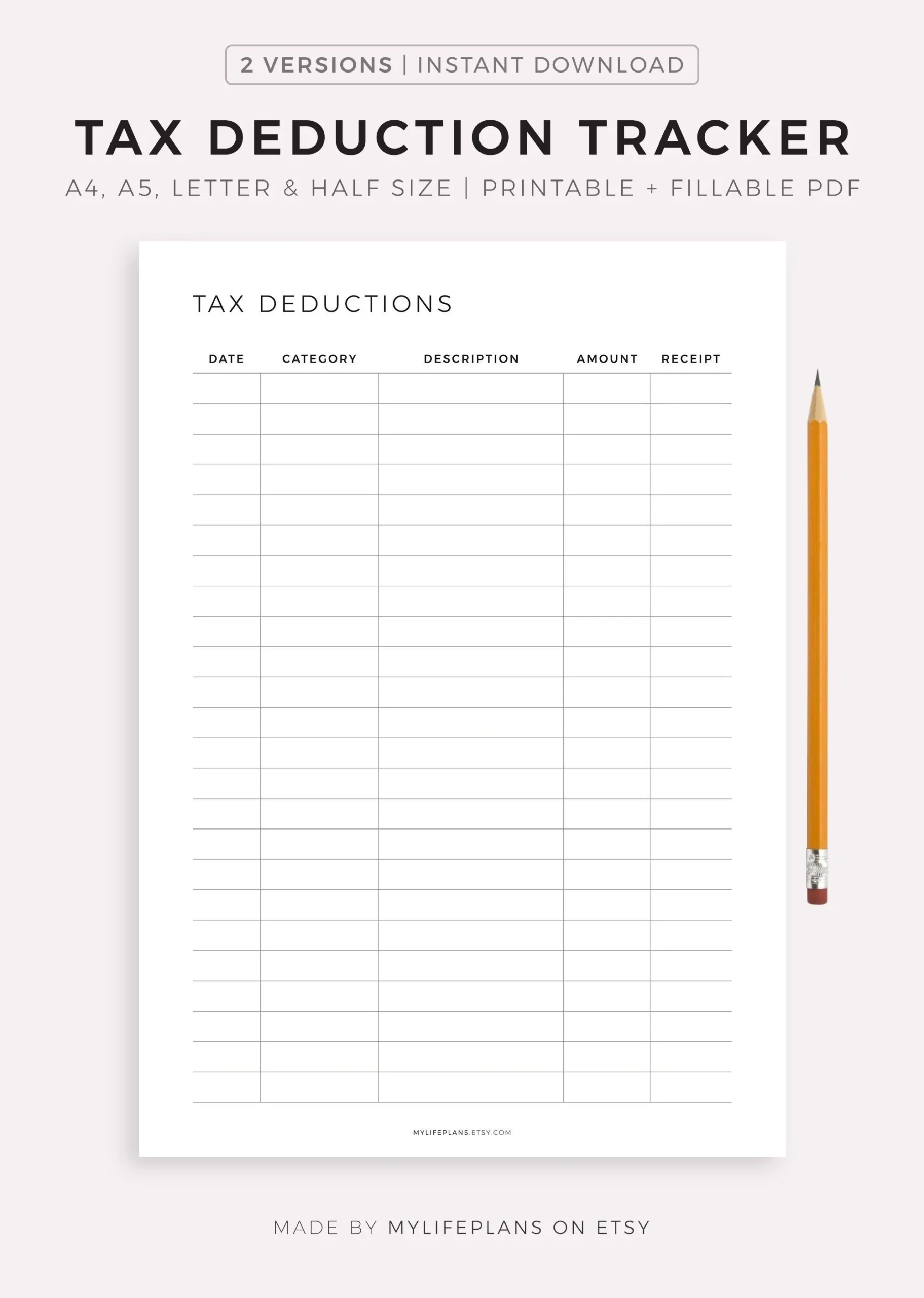 Printable Tax Deduction Tracker Business Tax Log Purchase 