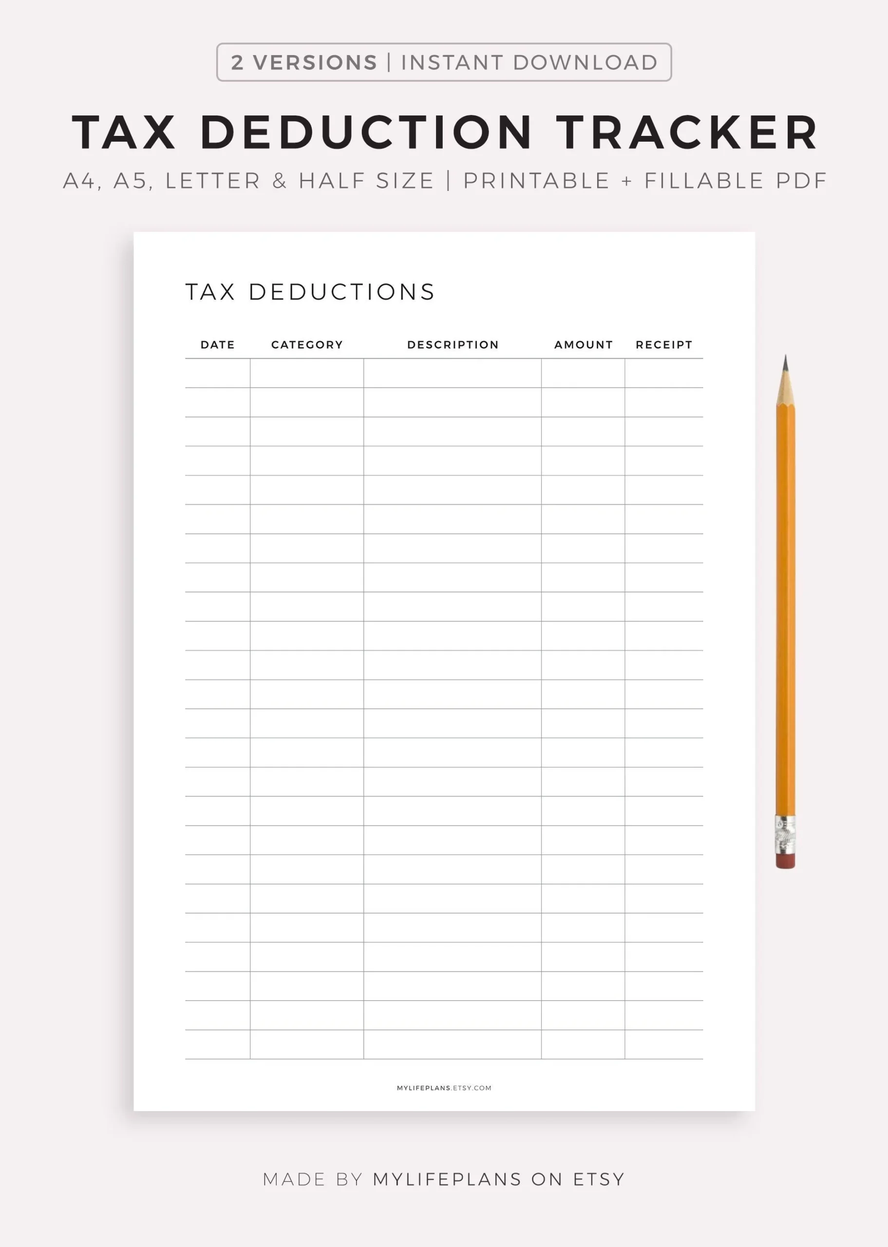Printable Tax Deduction Tracker Business Tax Log Purchase 