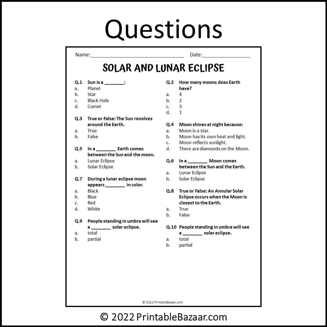 Solar And Lunar Eclipse Reading Comprehension Passage And Questions Printable PDF Solar And Lunar Eclipse Reading Comprehension Passage And Questions Printable PDF