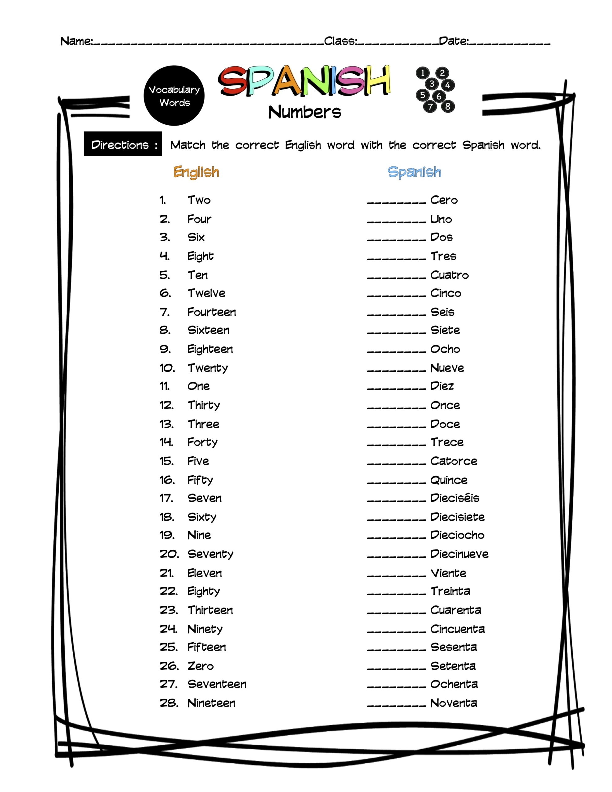 Spanish Numbers Vocabulary Matching Worksheet amp Answer Key Made Spanish Numbers Vocabulary Matching Worksheet amp Answer Key Made