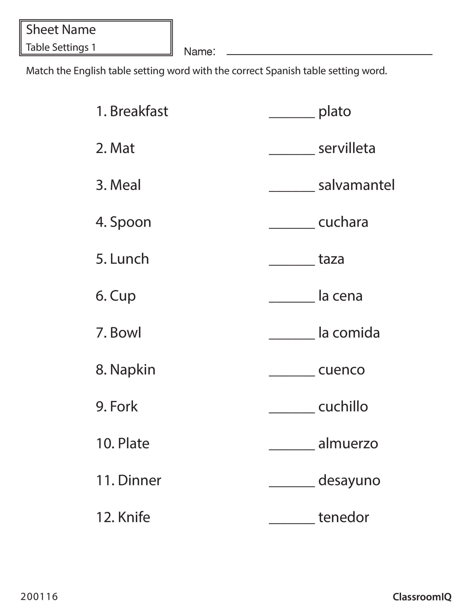 Spanish To English Word Number Matching Worksheet Miniature Spanish To English Word Number Matching Worksheet Miniature